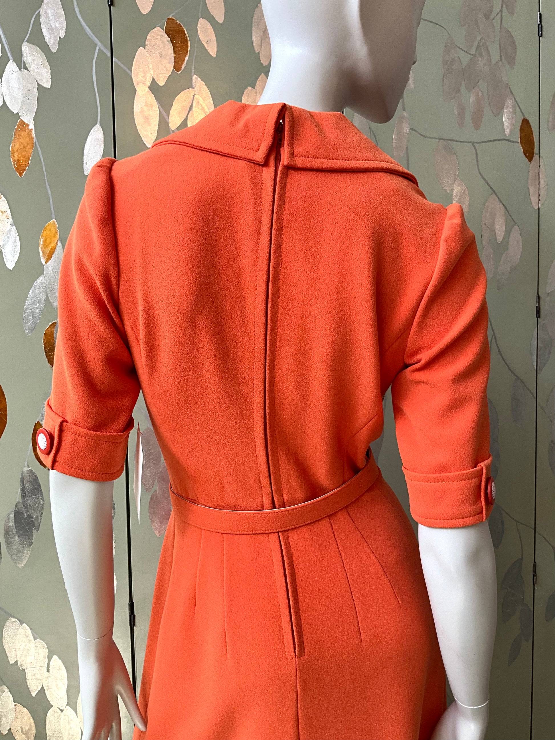 Reproduction 1970s Orange Short Sleeve Shirt Dress with Belt, Small 