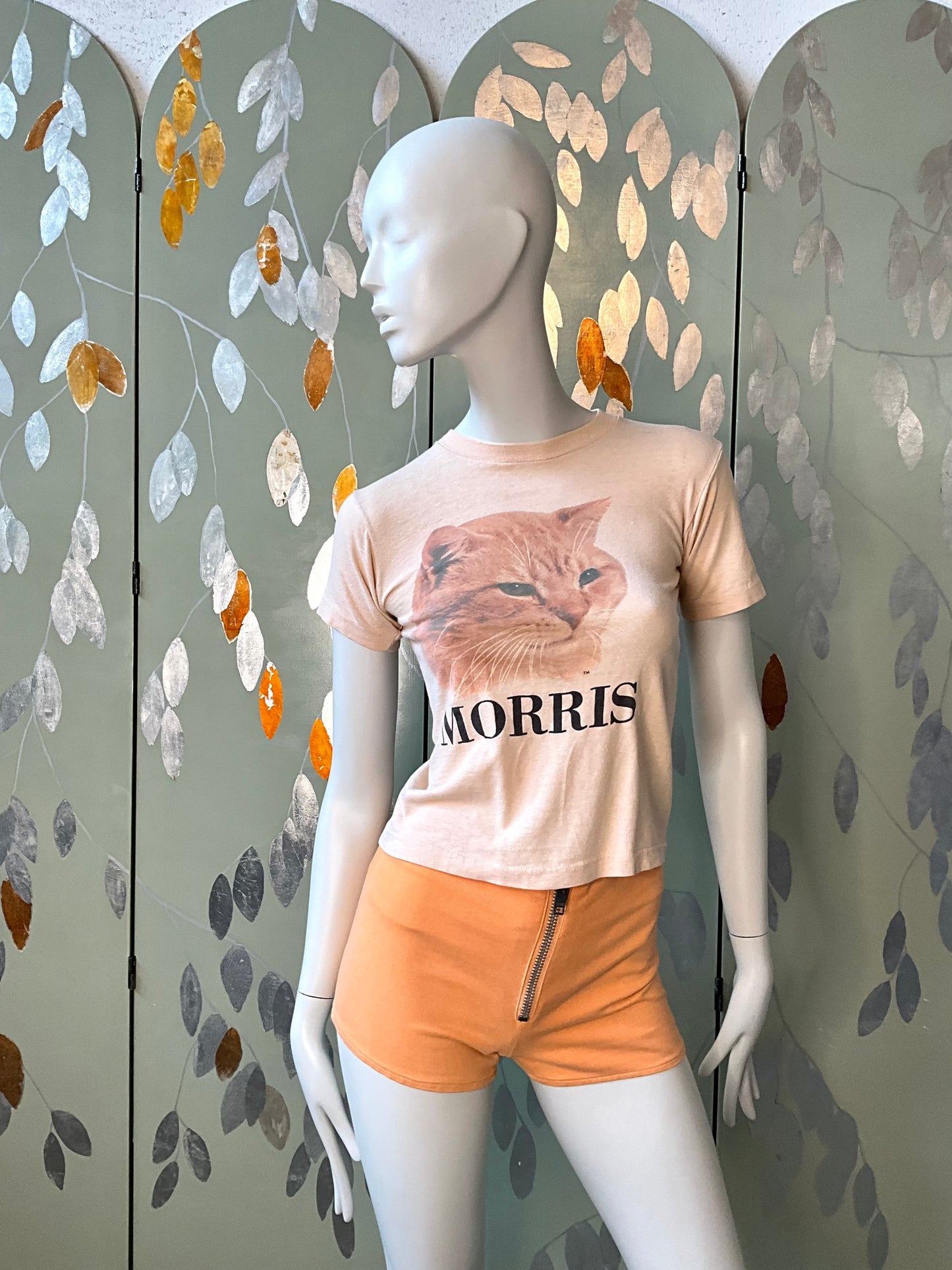 Vintage 1970s Peach Orange Exposed Zip Front Hot Pants Shorts, XS