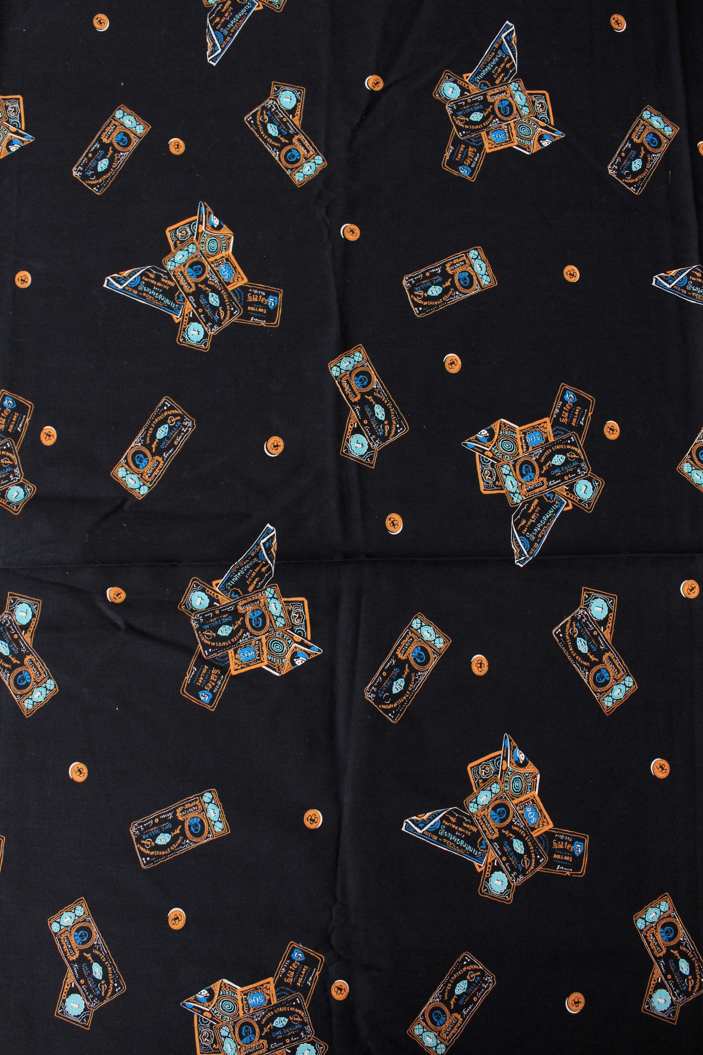 Vintage 1970s Black Cotton Fabric With Novelty USA Dollar Bill Money Print, 4.1 Yards