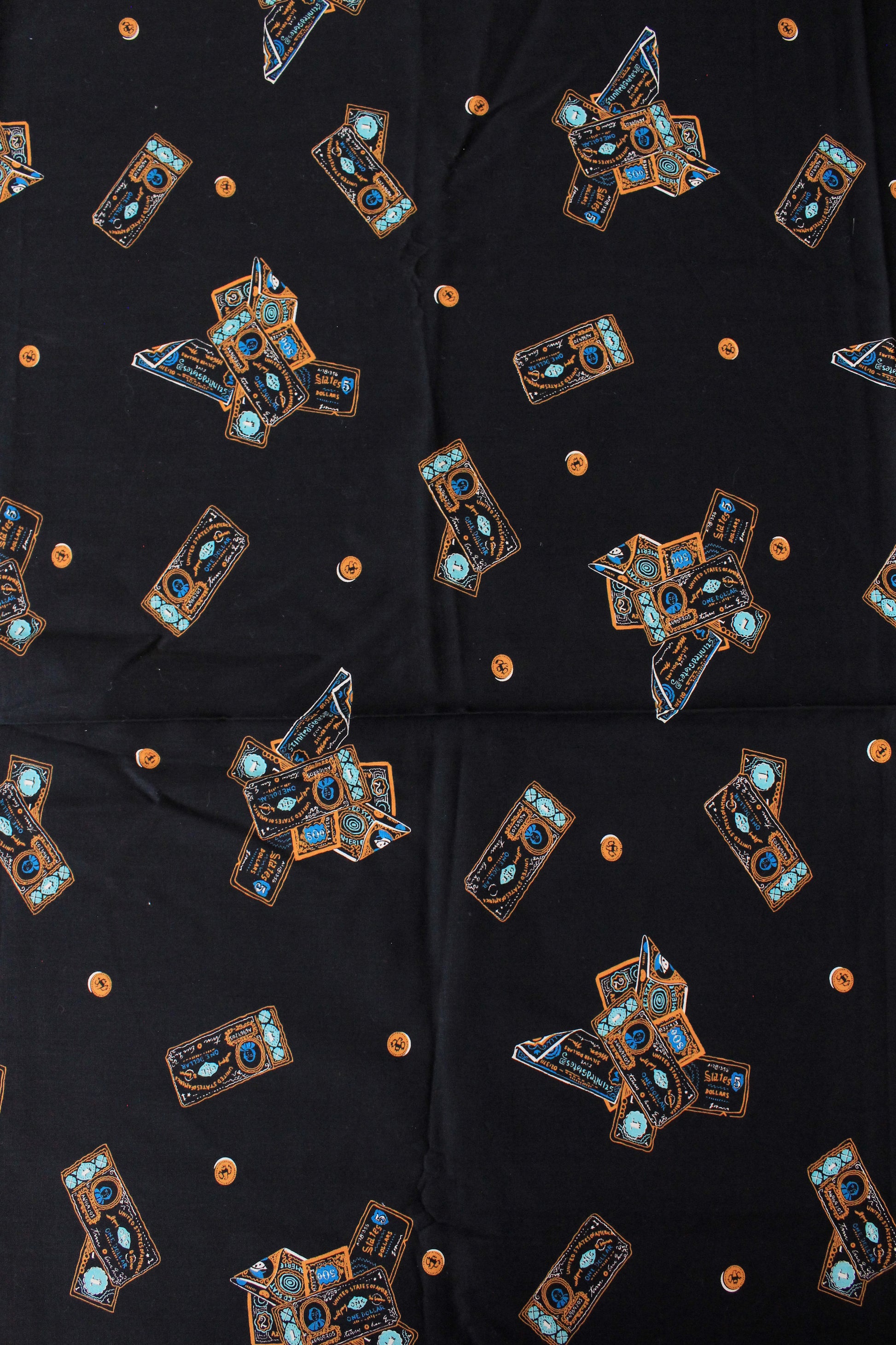 Vintage 1970s Black Cotton Fabric With Novelty USA Dollar Bill Money Print, 4.1 Yards
