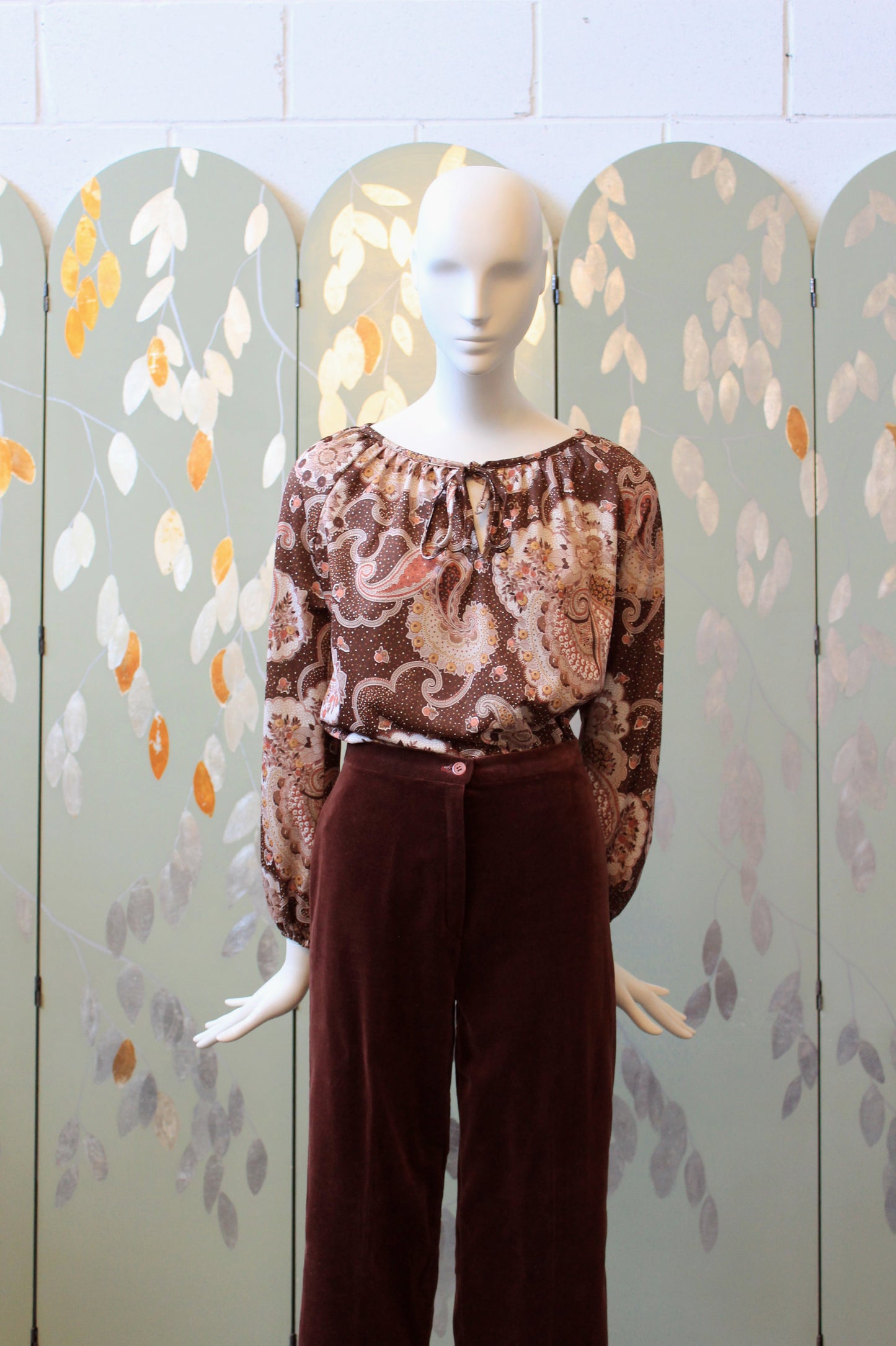 1990s Brown And Blush Paisley Print Long Sleeve Peasant Top, Medium
