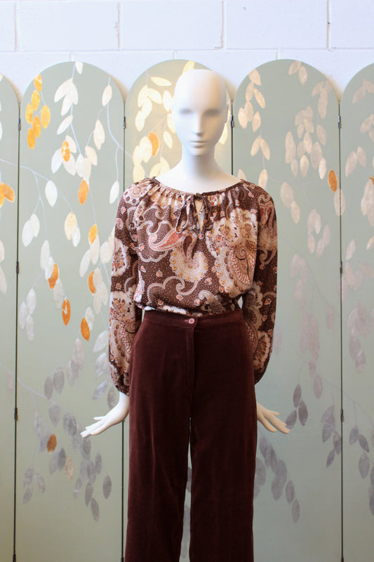 1990s Brown And Blush Paisley Print Long Sleeve Peasant Top, Medium