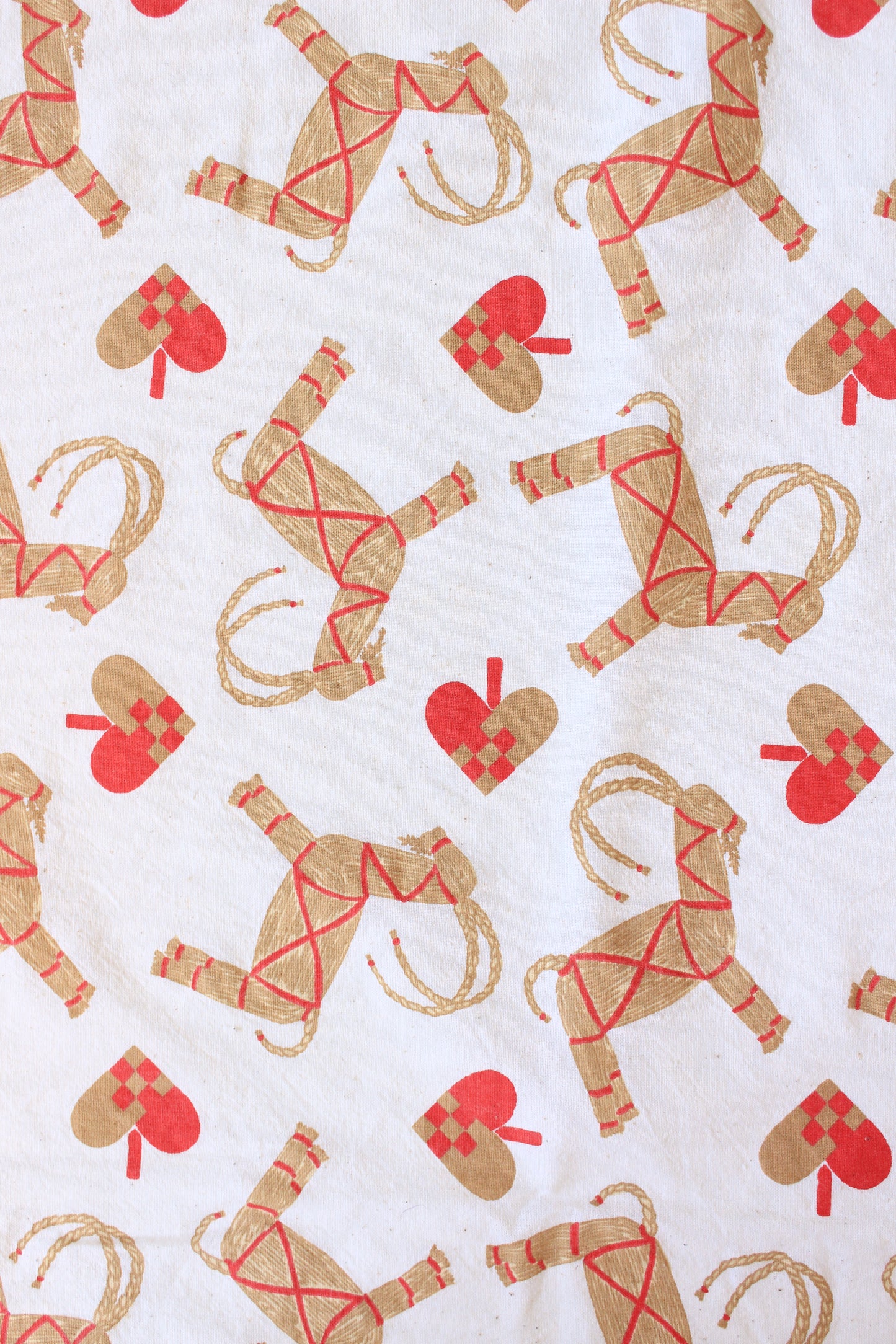 1960s Novelty White Wicker Horse And Hearts, Beige With Red Accents, 2.1 Yards