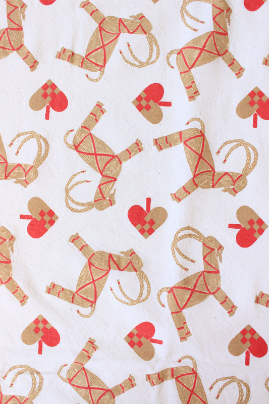 1960s Novelty White Wicker Horse And Hearts, Beige With Red Accents, 2.1 Yards