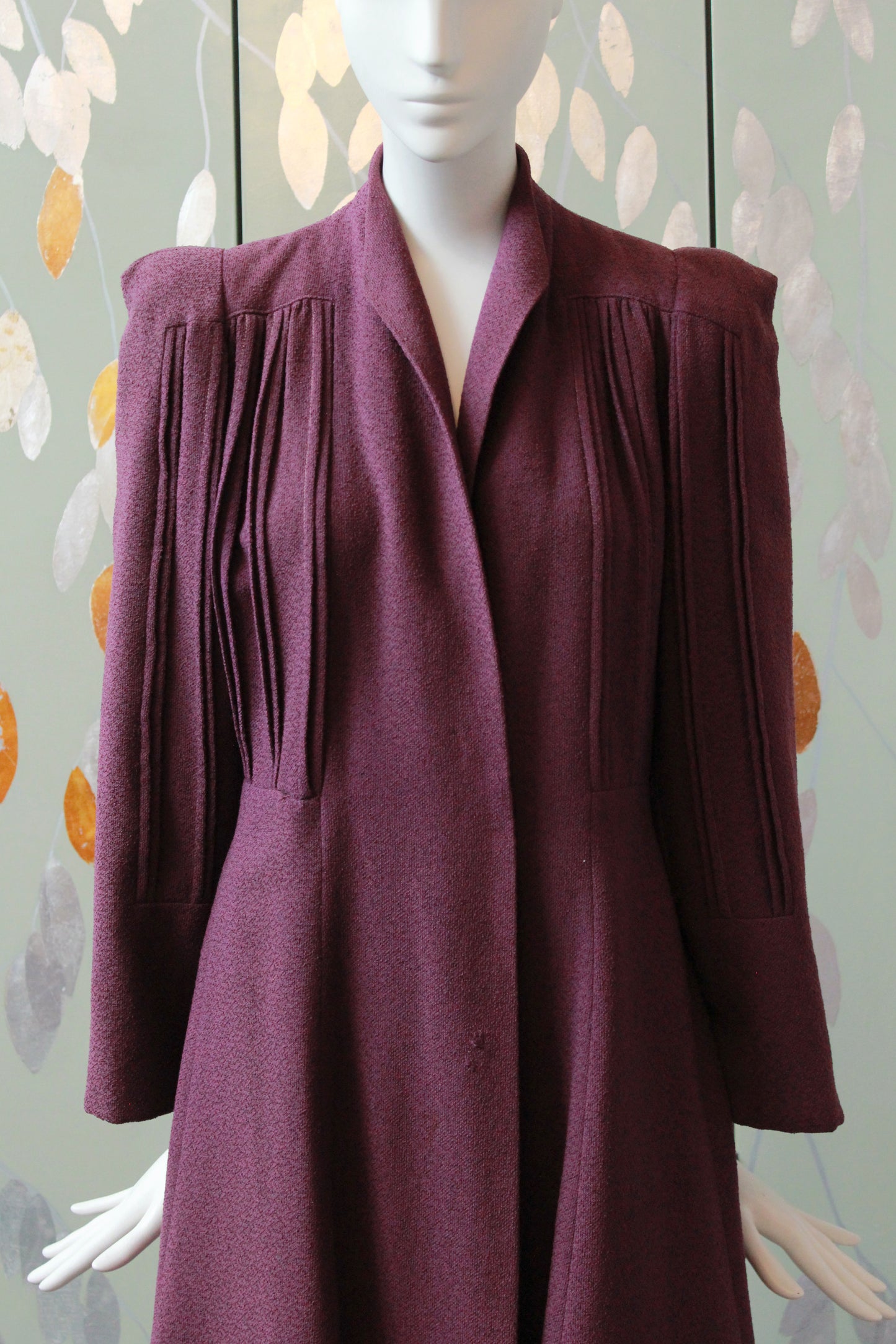 1940s Plum Flared Coat With Pleating And Bell Sleeves , Small 