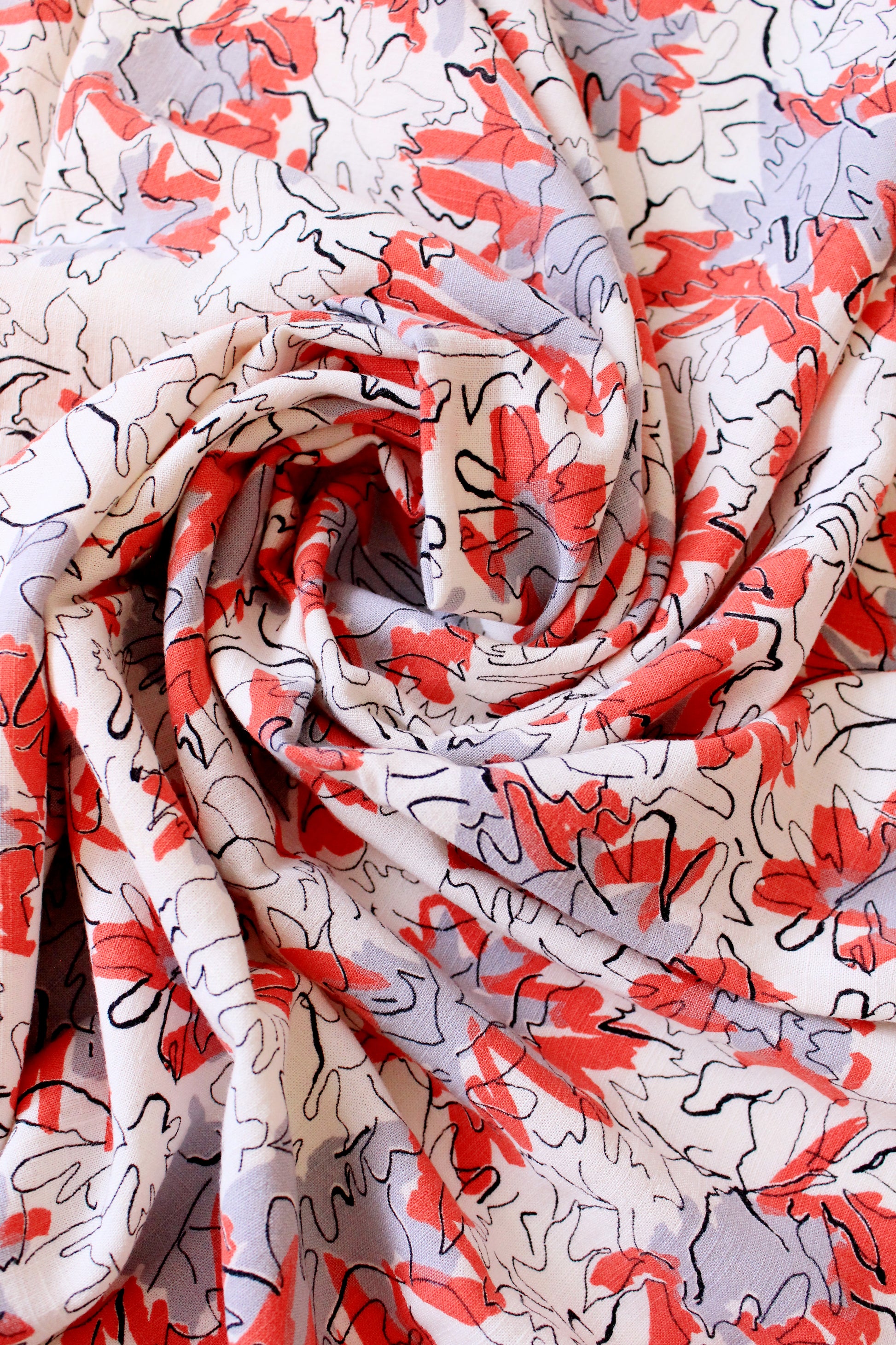 1950s Coral And White Abstract Rayon Fabric, 3 yards