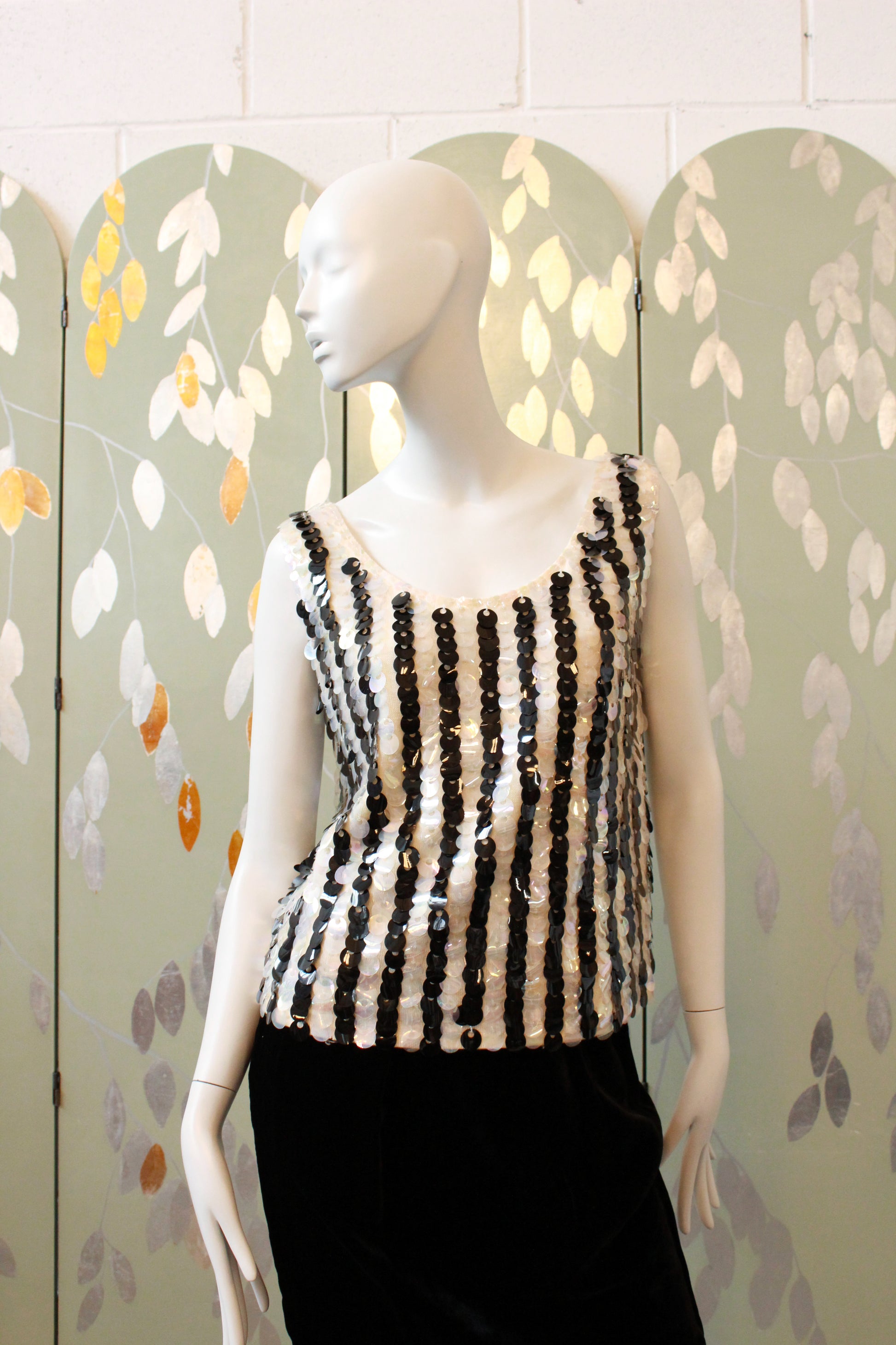 Vintage 1960s Black And White Large Sequin Striped Shimmy Top, Large