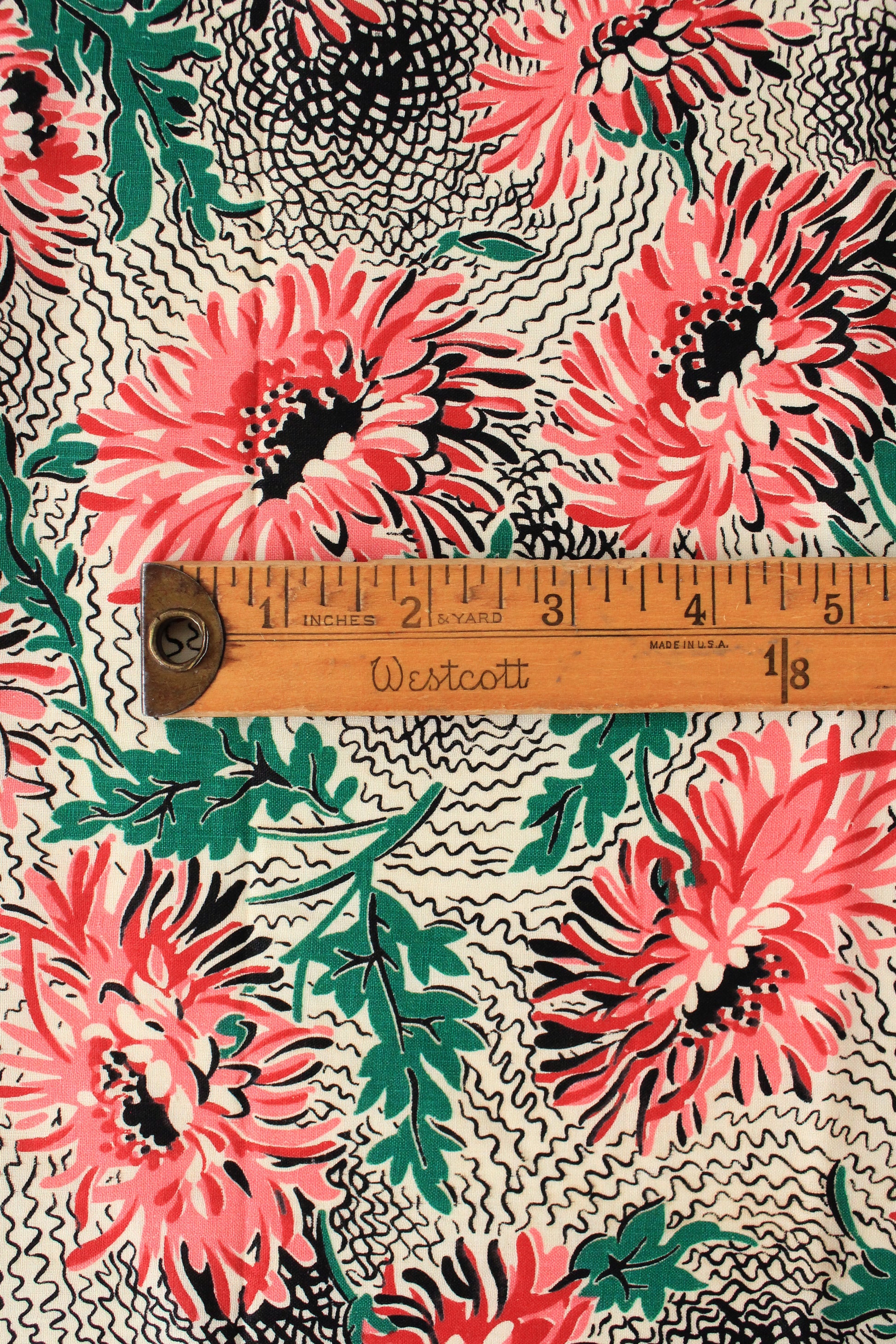  1940s Large Pink Flowers On Black And White Base Cotton Floral Sewing Fabric, 4 Yards