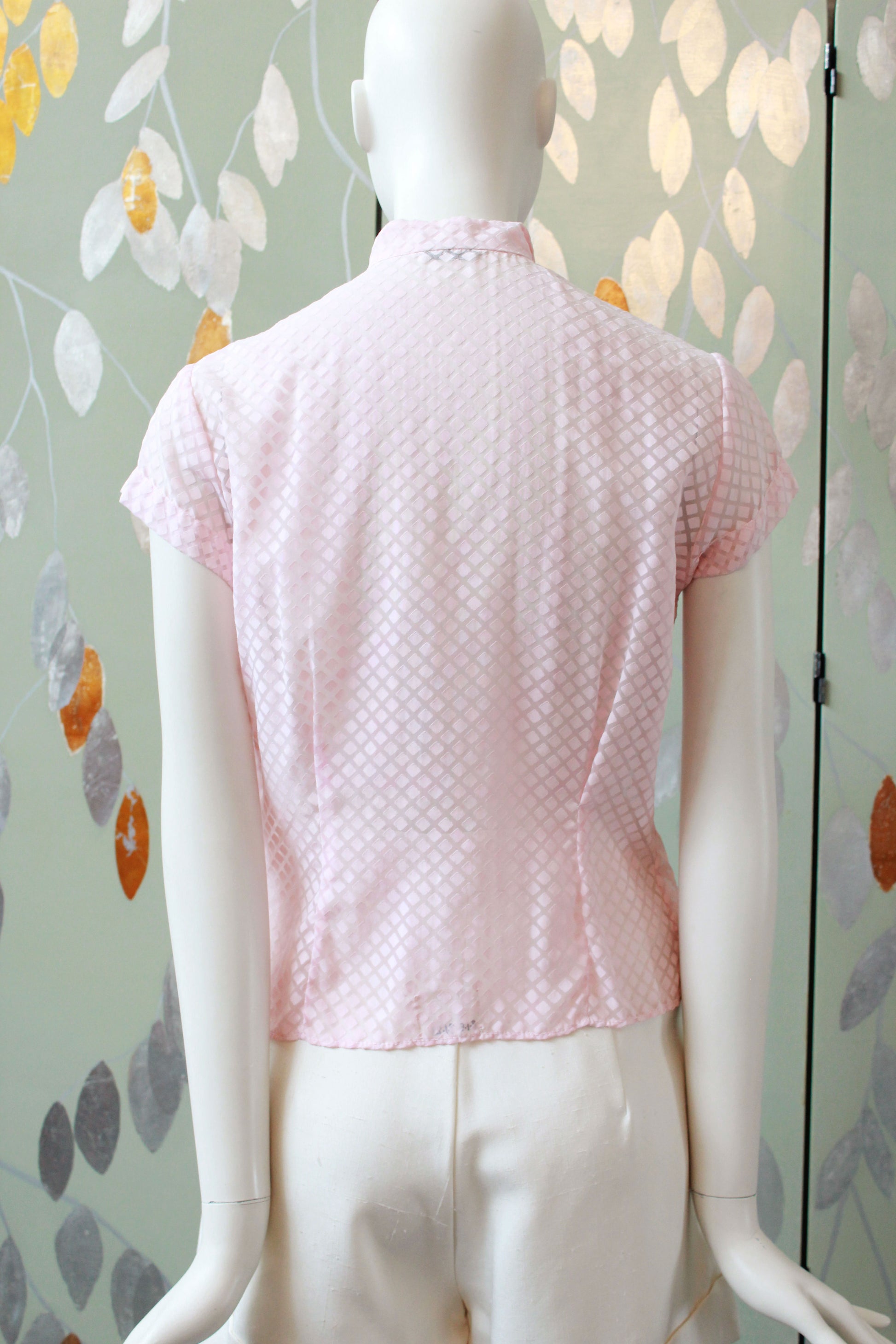 Vintage 1950s Pink Sheer Nylon Button up Short Sleeve Blouse, XS