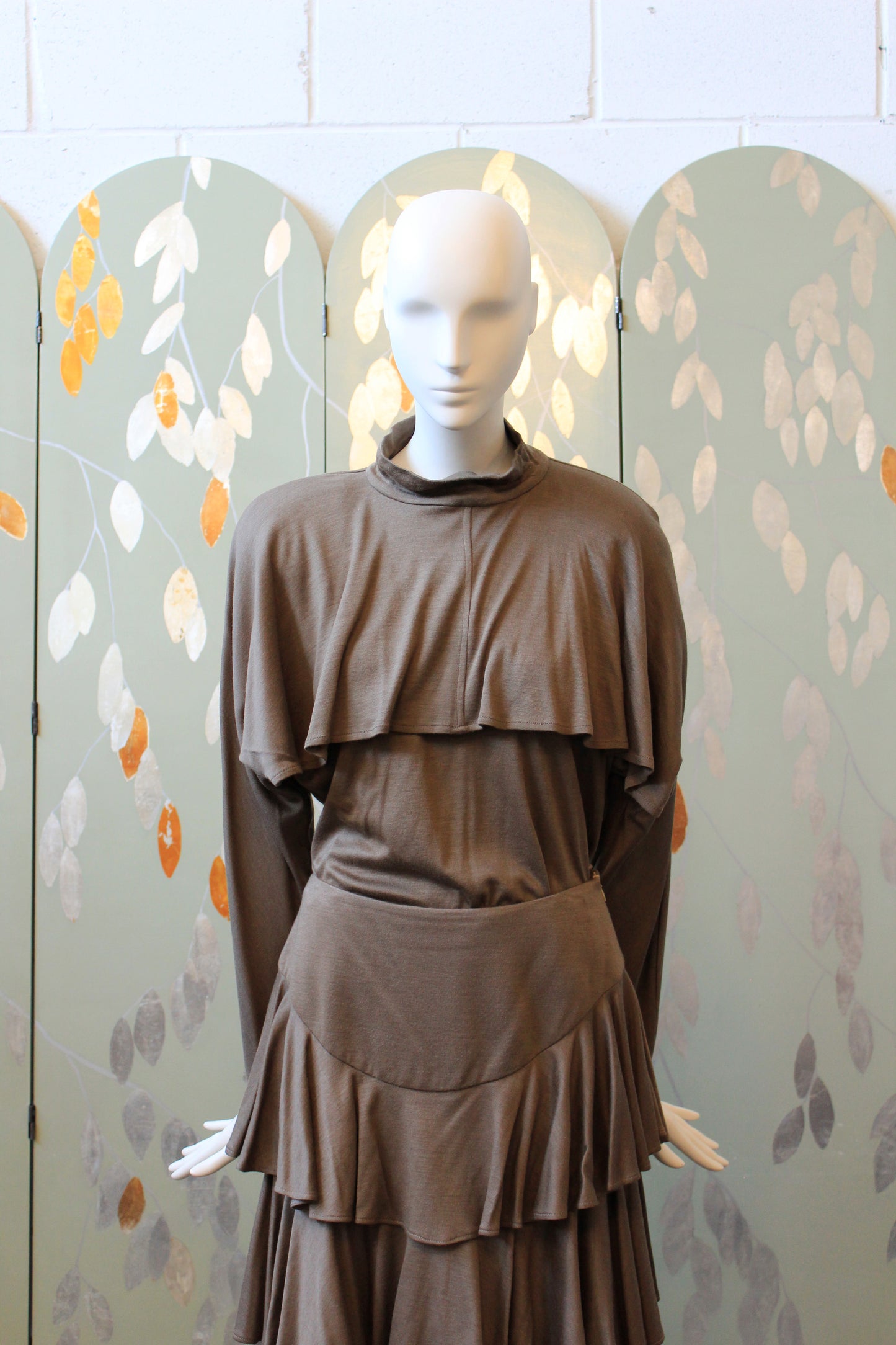 1980s Mariola Mayer Dark Taupe 3PC, Ruffle Skirt/Top/Jacket Matching Set, Small/Medium