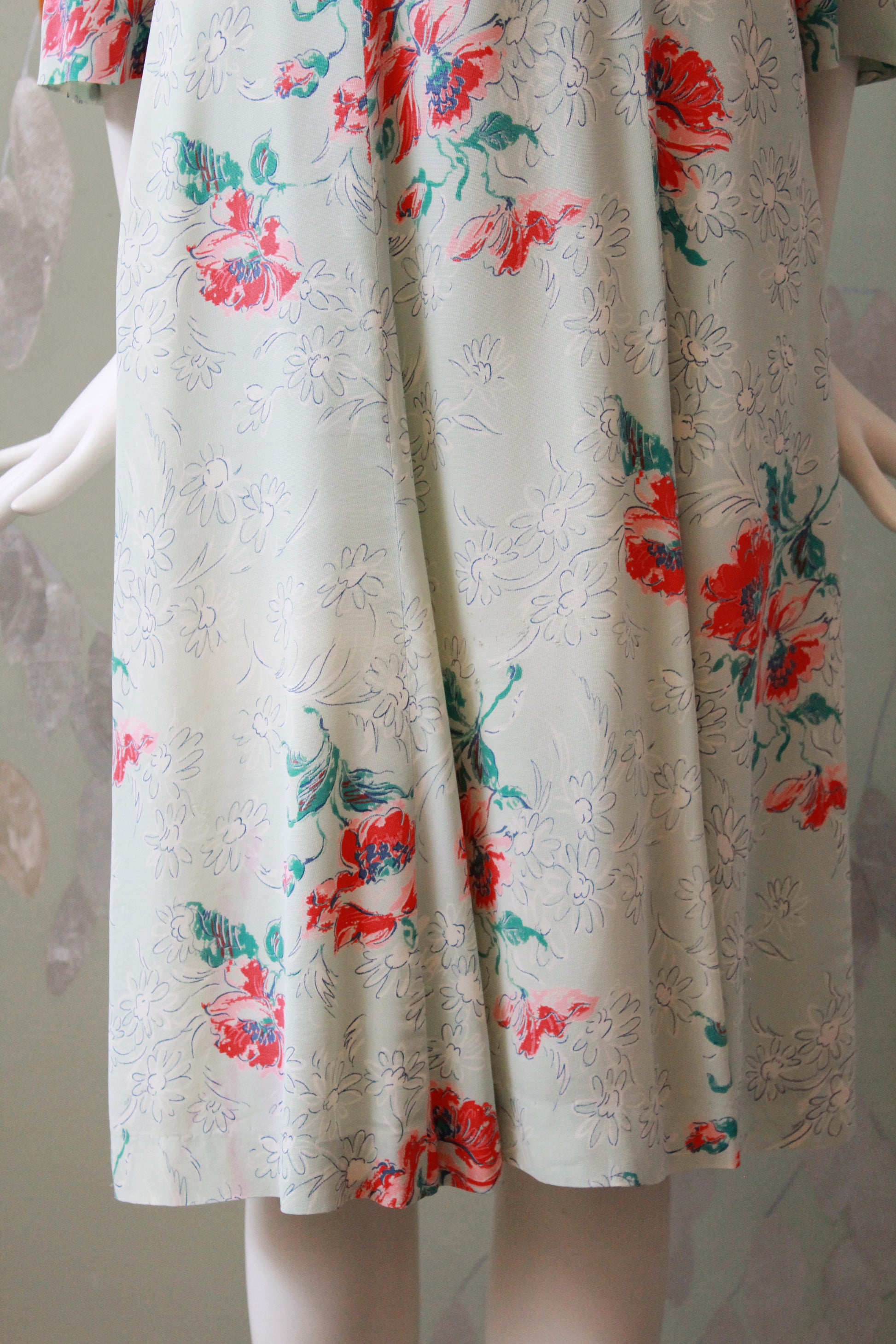 1940s  Pastel Teal Rayon Dress With Coral Flowers, Small/Medium 