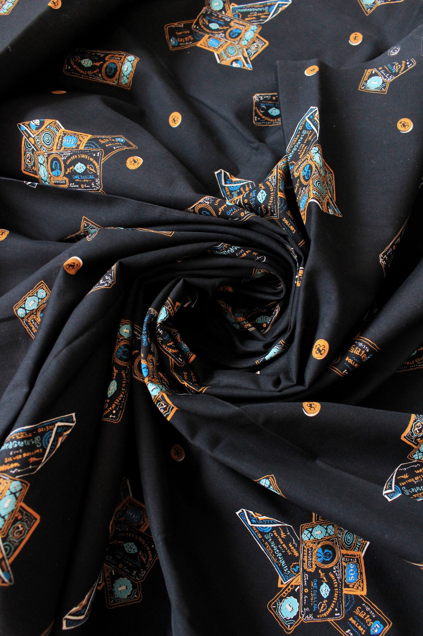 Vintage 1970s Black Cotton Fabric With Novelty USA Dollar Bill Money Print, 4.1 Yards