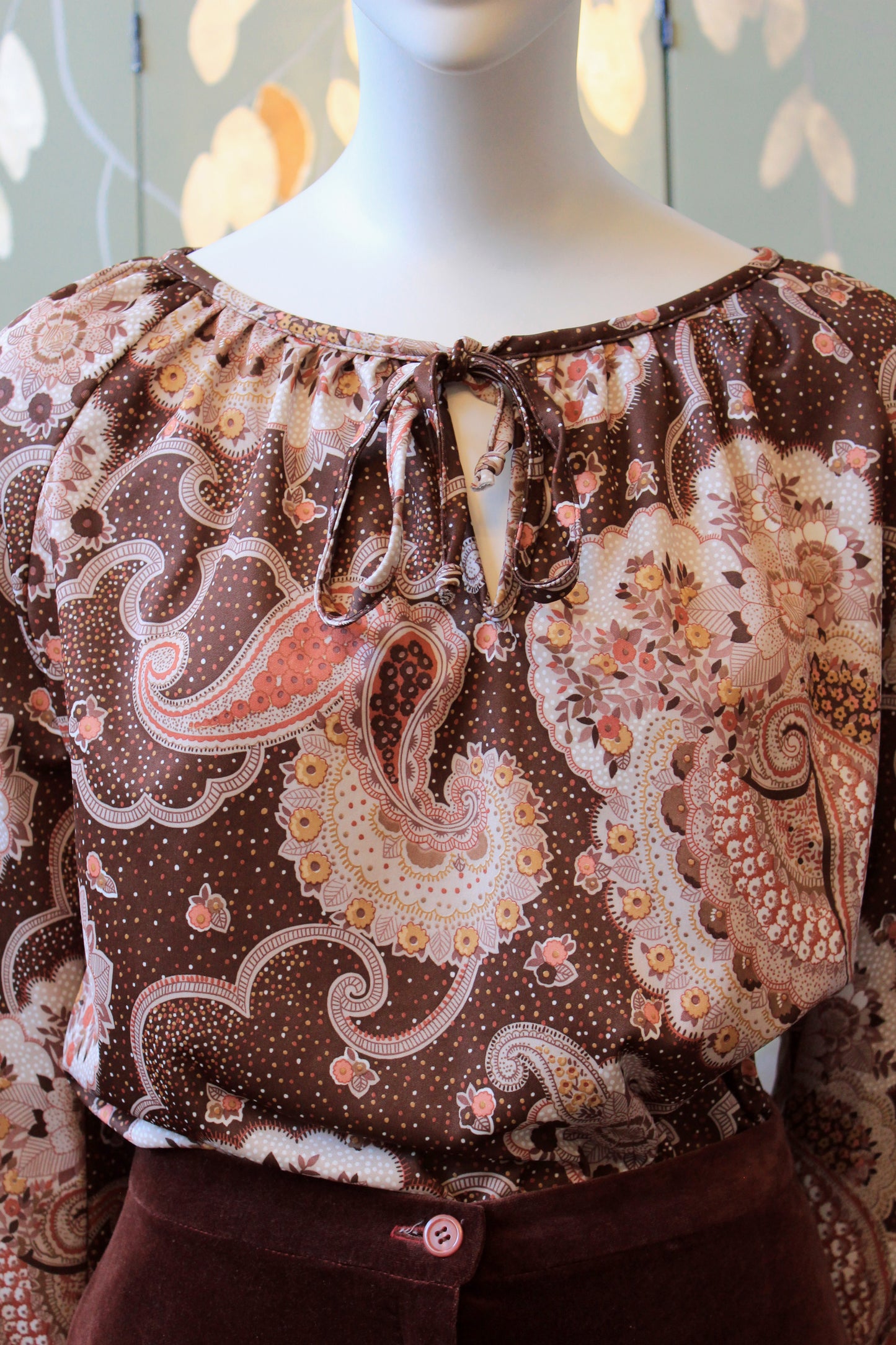 1990s Brown And Blush Paisley Print Long Sleeve Peasant Top, Medium