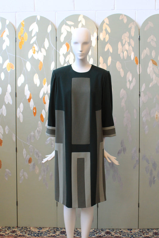 1980s Olive Green And Black Geometric Shift Dress, Medium