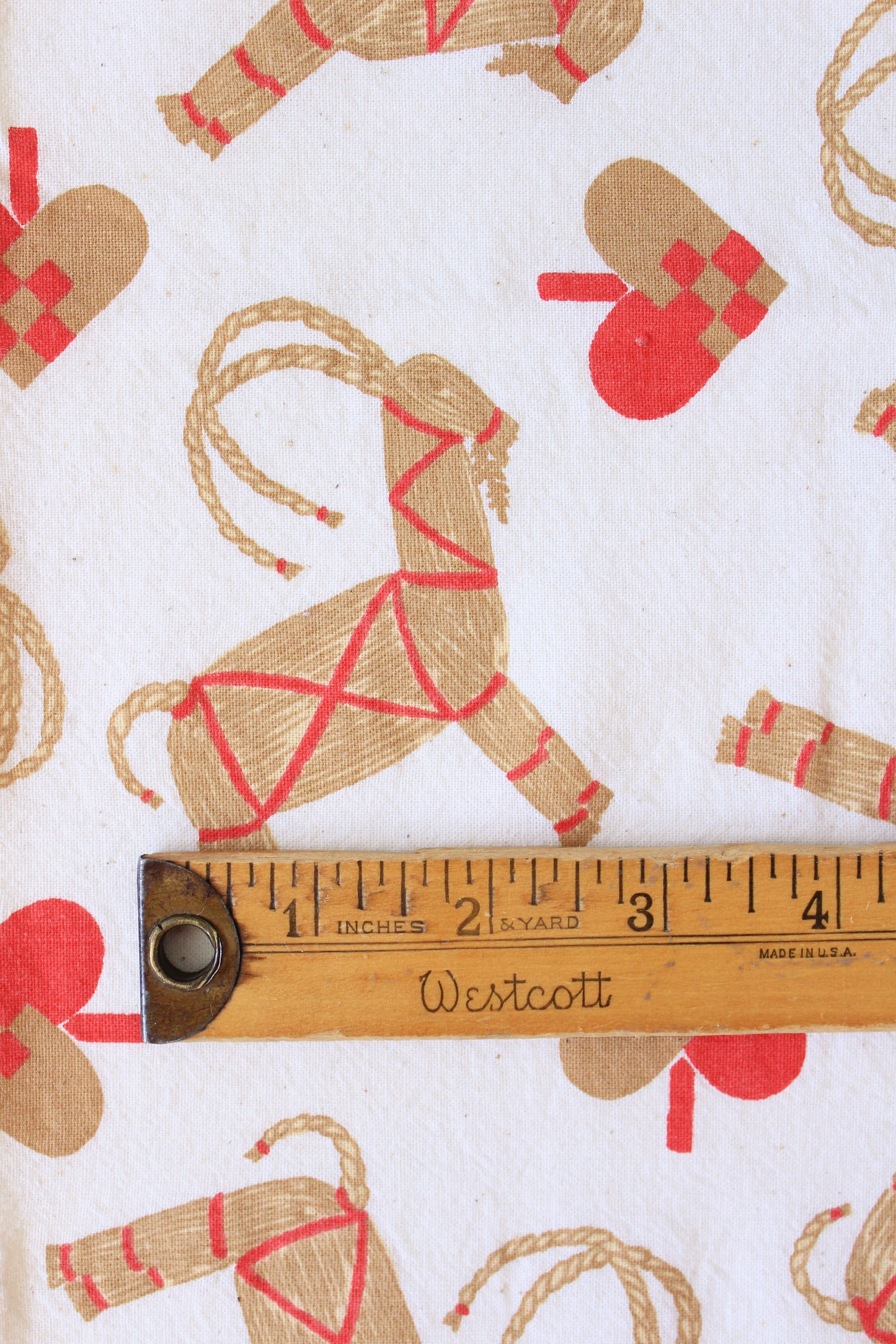 1960s Novelty White Wicker Horse And Hearts, Beige With Red Accents, 2.1 Yards