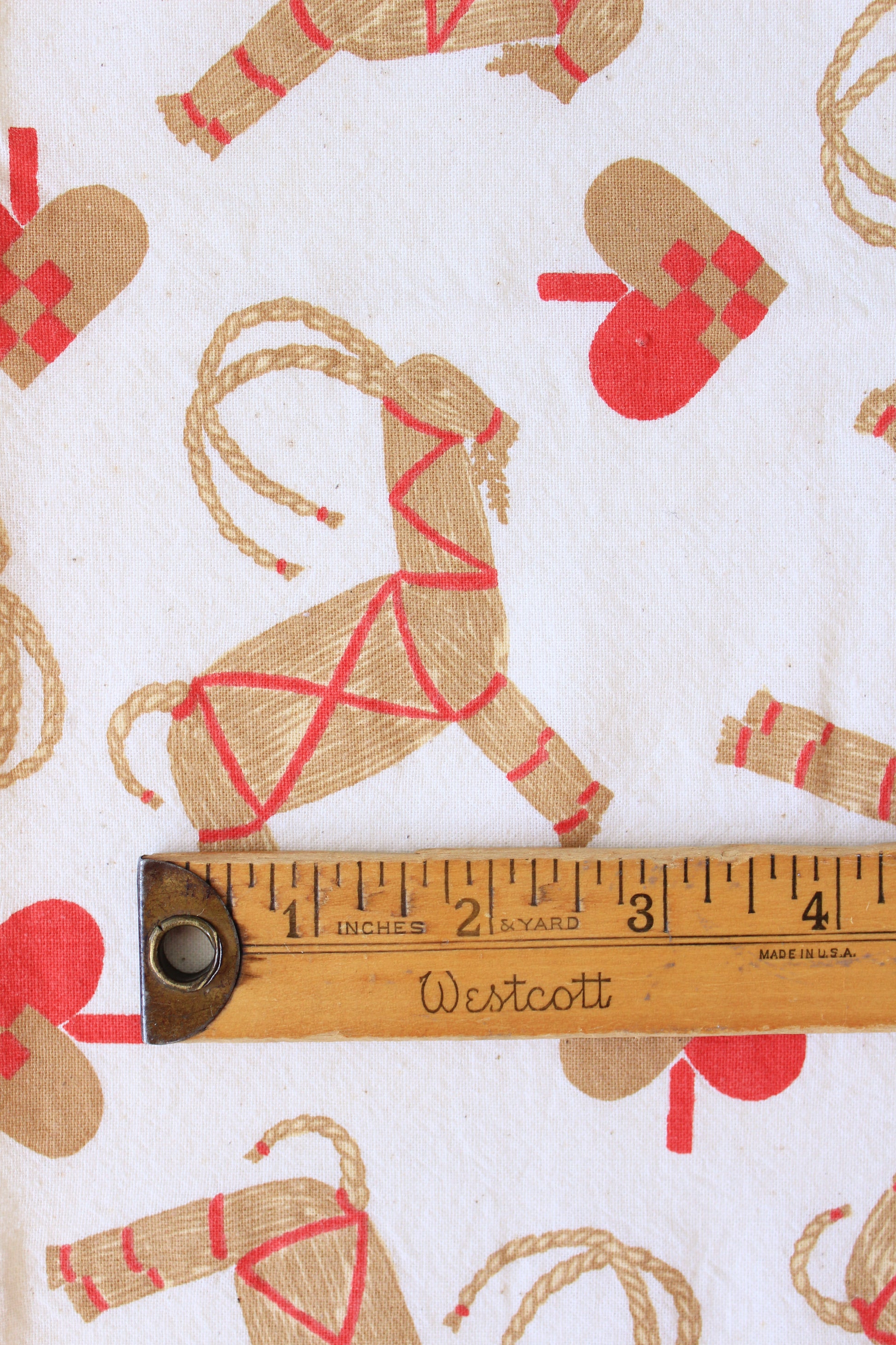 1960s Novelty White Wicker Horse And Hearts, Beige With Red Accents, 2.1 Yards