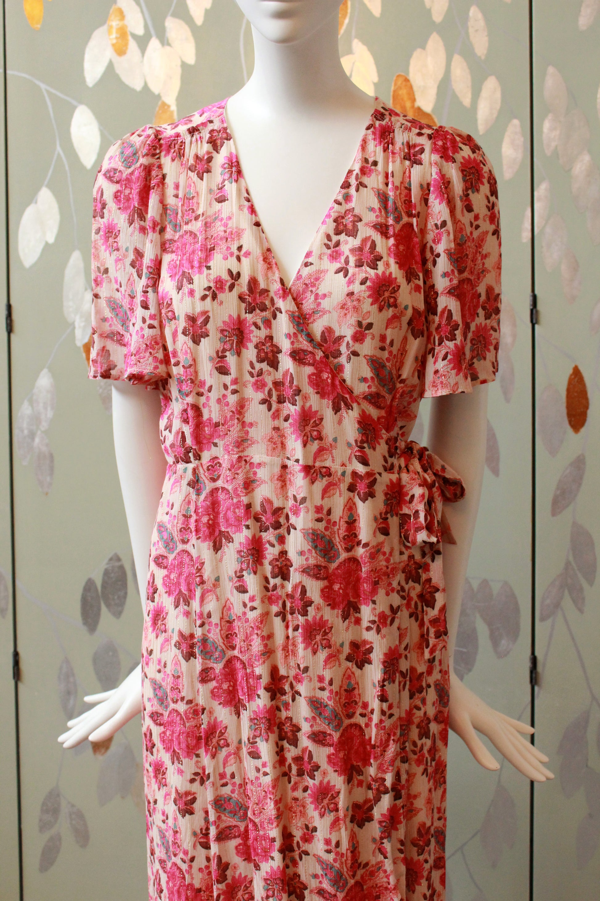 Pink Floral Sézane Wrap Dress With Gold Thread, Unworn, Medium 
