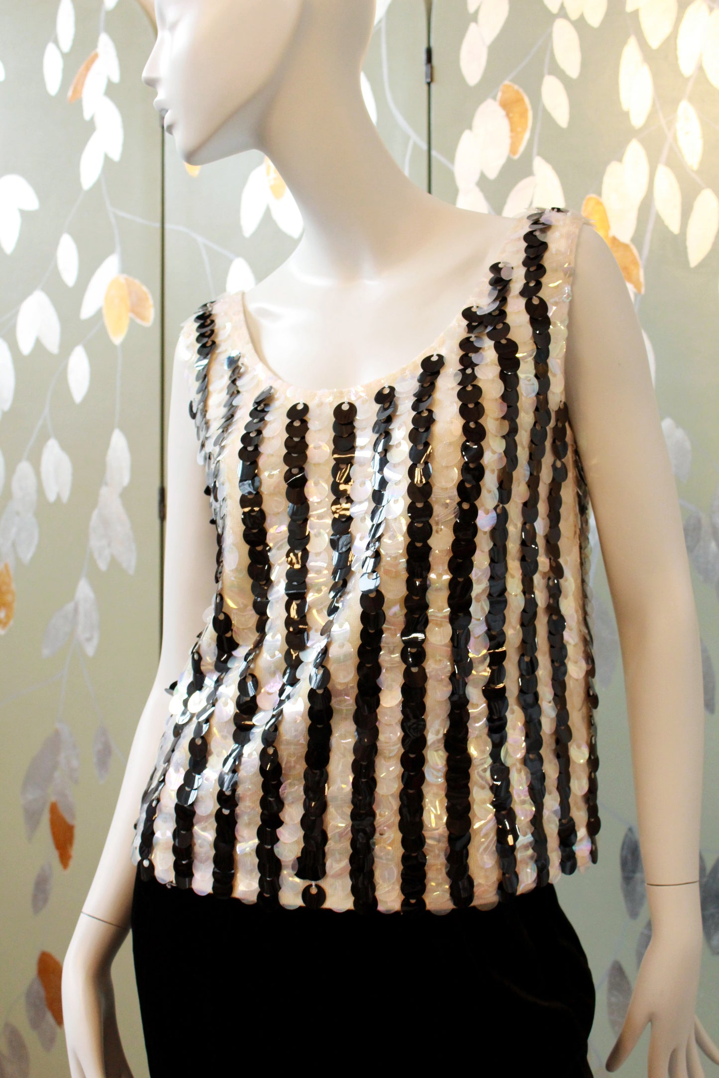 Vintage 1960s Black And White Large Sequin Striped Shimmy Top, Large