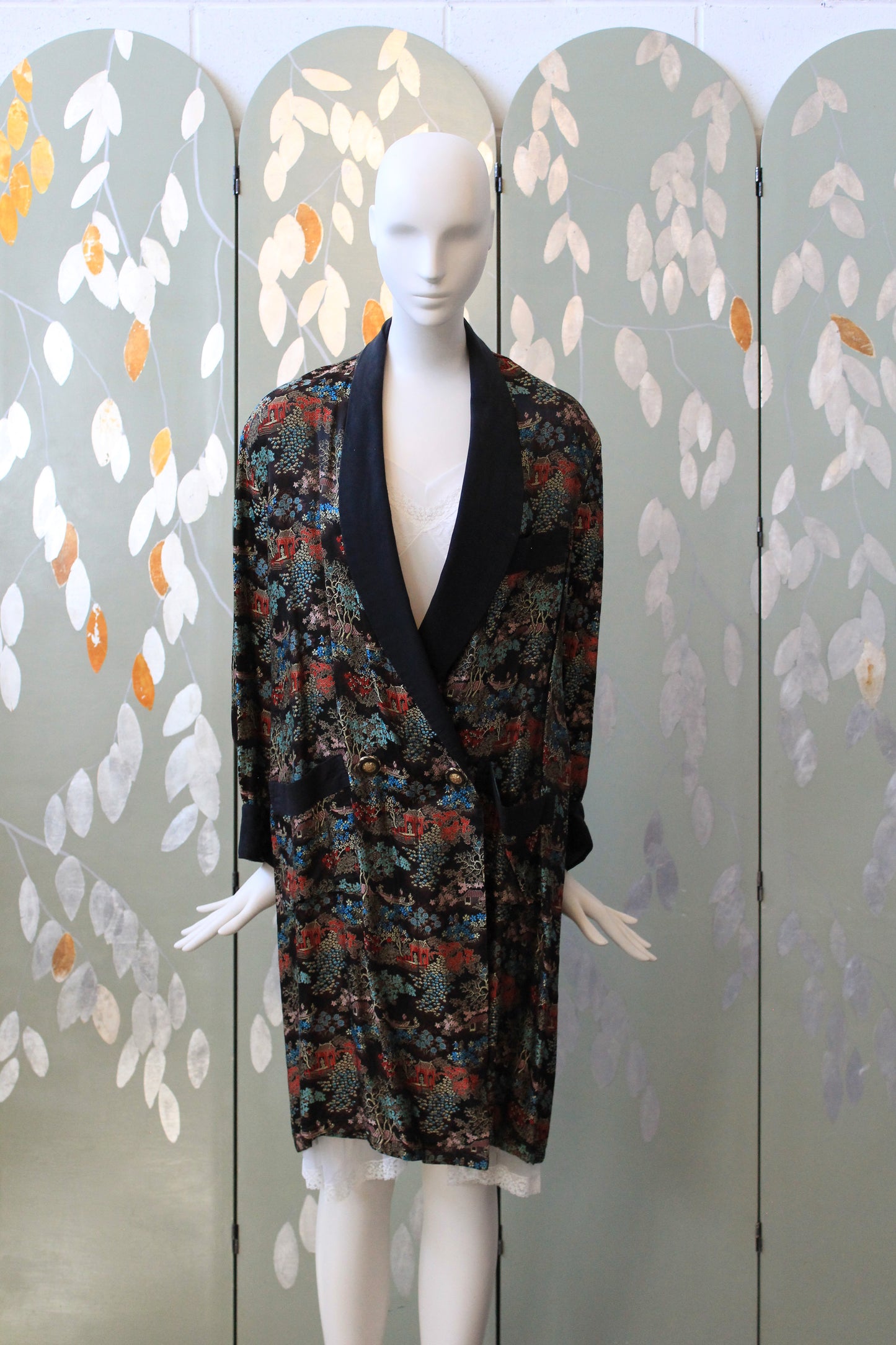 1950s Black Silk Robe With Chinese Flowers Motif, Medium