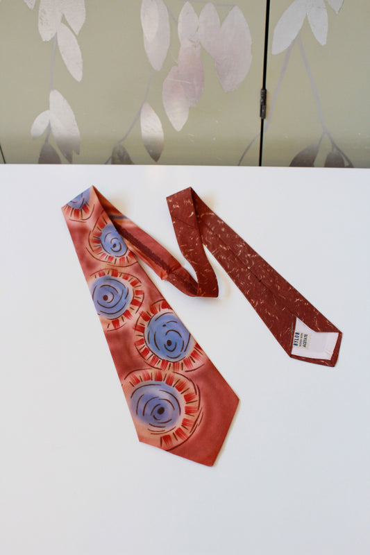 Vintage 1950s Hand Painted Rust And Blue Circles Rayon Mid Century Tie