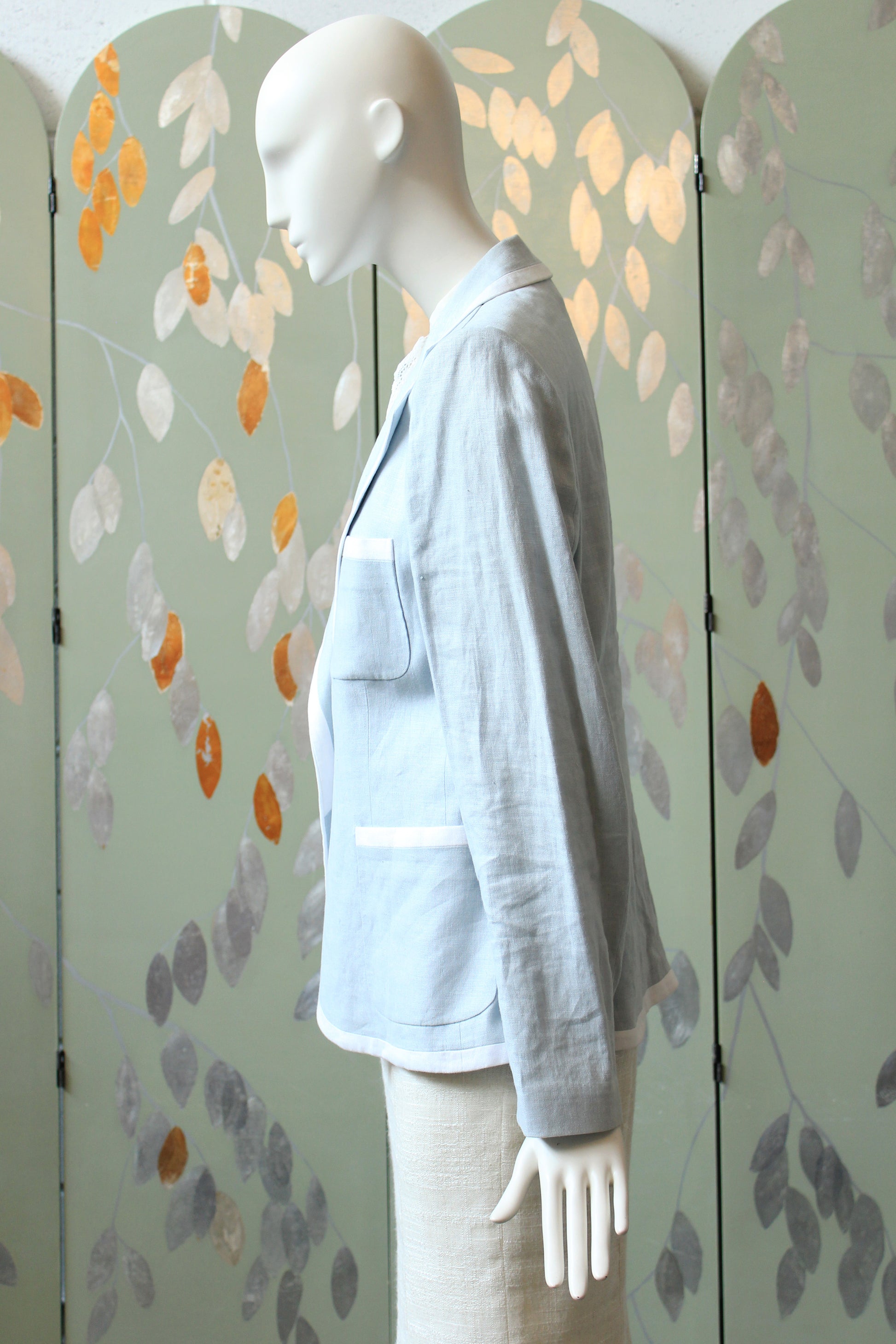 1980s Carven Light Blue With White Trim Linen Designer Blazer, Medium