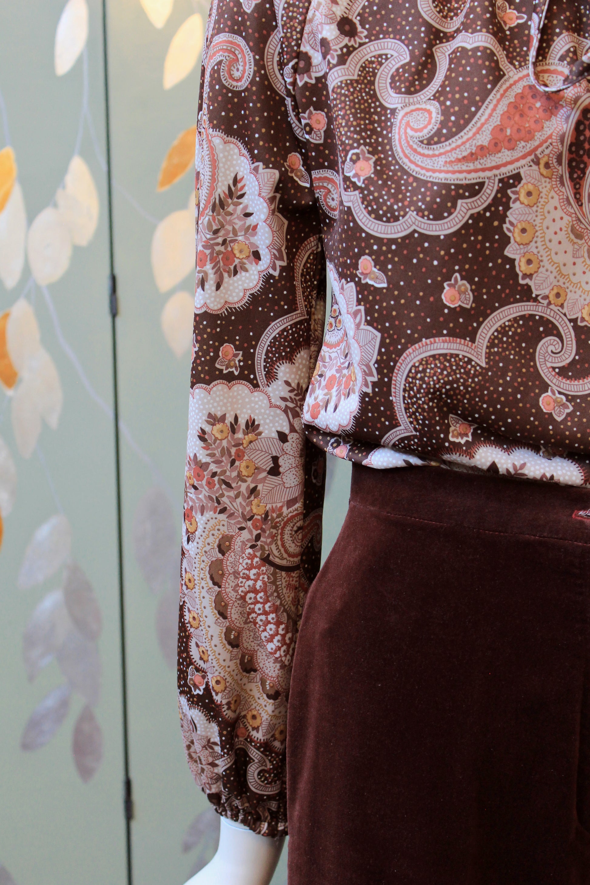 1990s Brown And Blush Paisley Print Long Sleeve Peasant Top, Medium