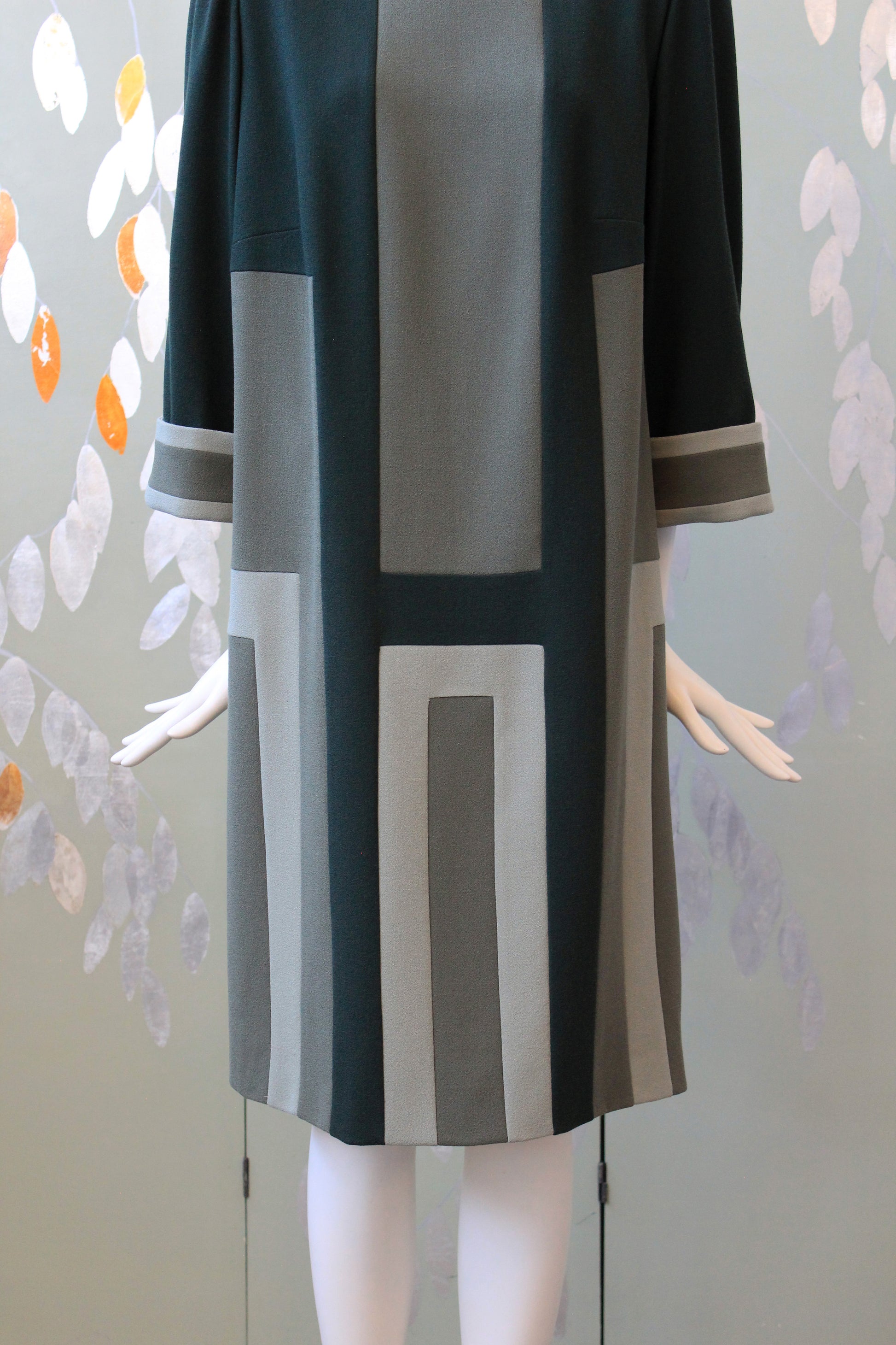 1980s Olive Green And Black Geometric Shift Dress, Medium 1980s Olive Green And Black Geometric Shift Dress, Medium