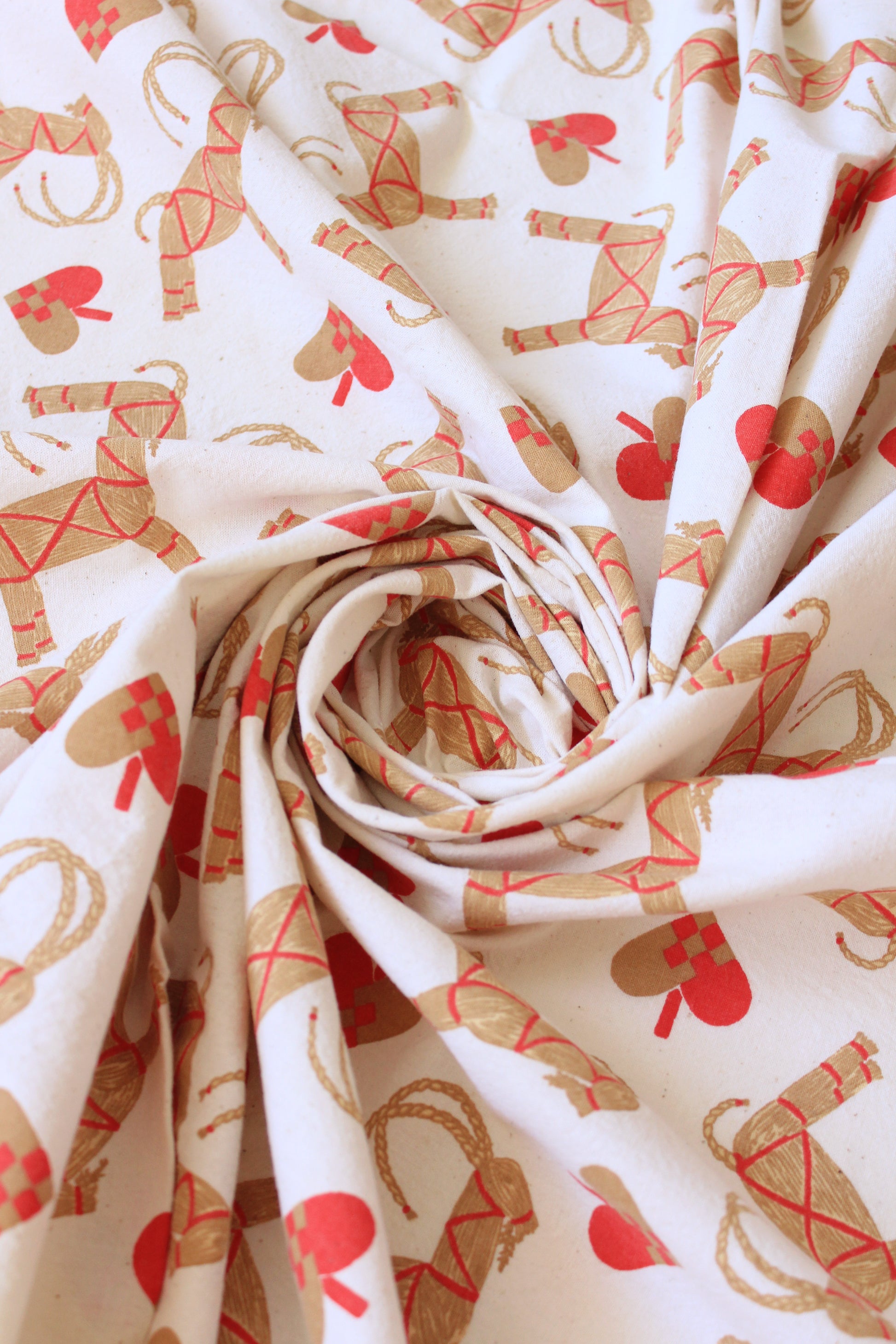 1960s Novelty White Wicker Horse And Hearts, Beige With Red Accents, 2.1 Yards