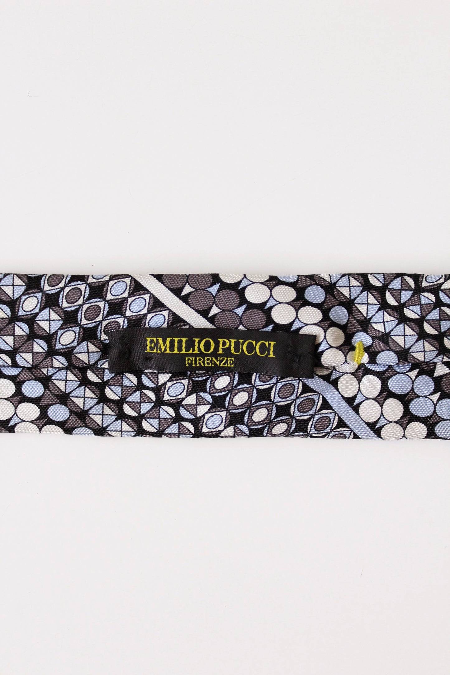 1990s Emilio Pucci Grey And Light Blue Repeating Pattern Silk Designer Tie