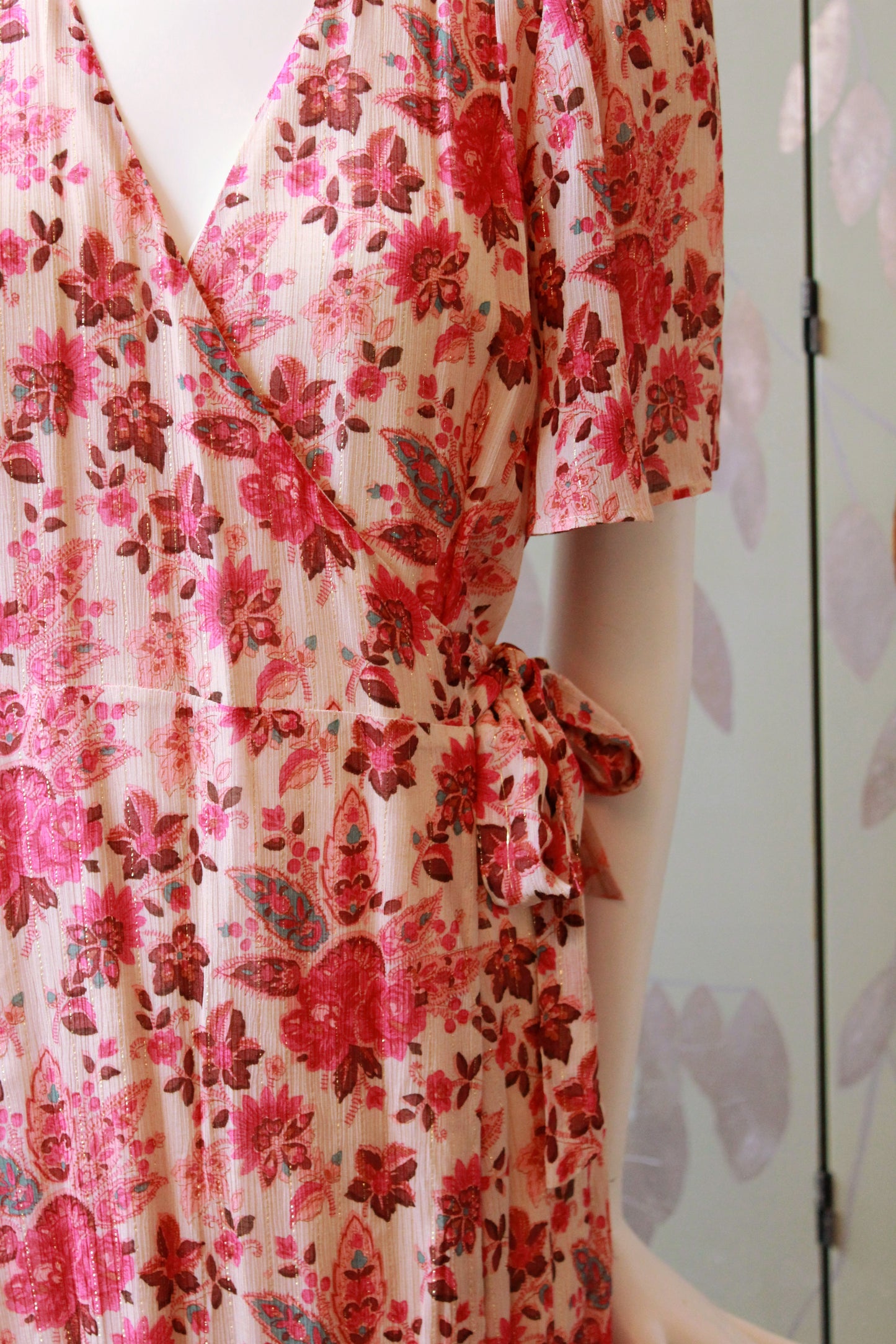 Pink Floral Sézane Wrap Dress With Gold Thread, Unworn, Medium 