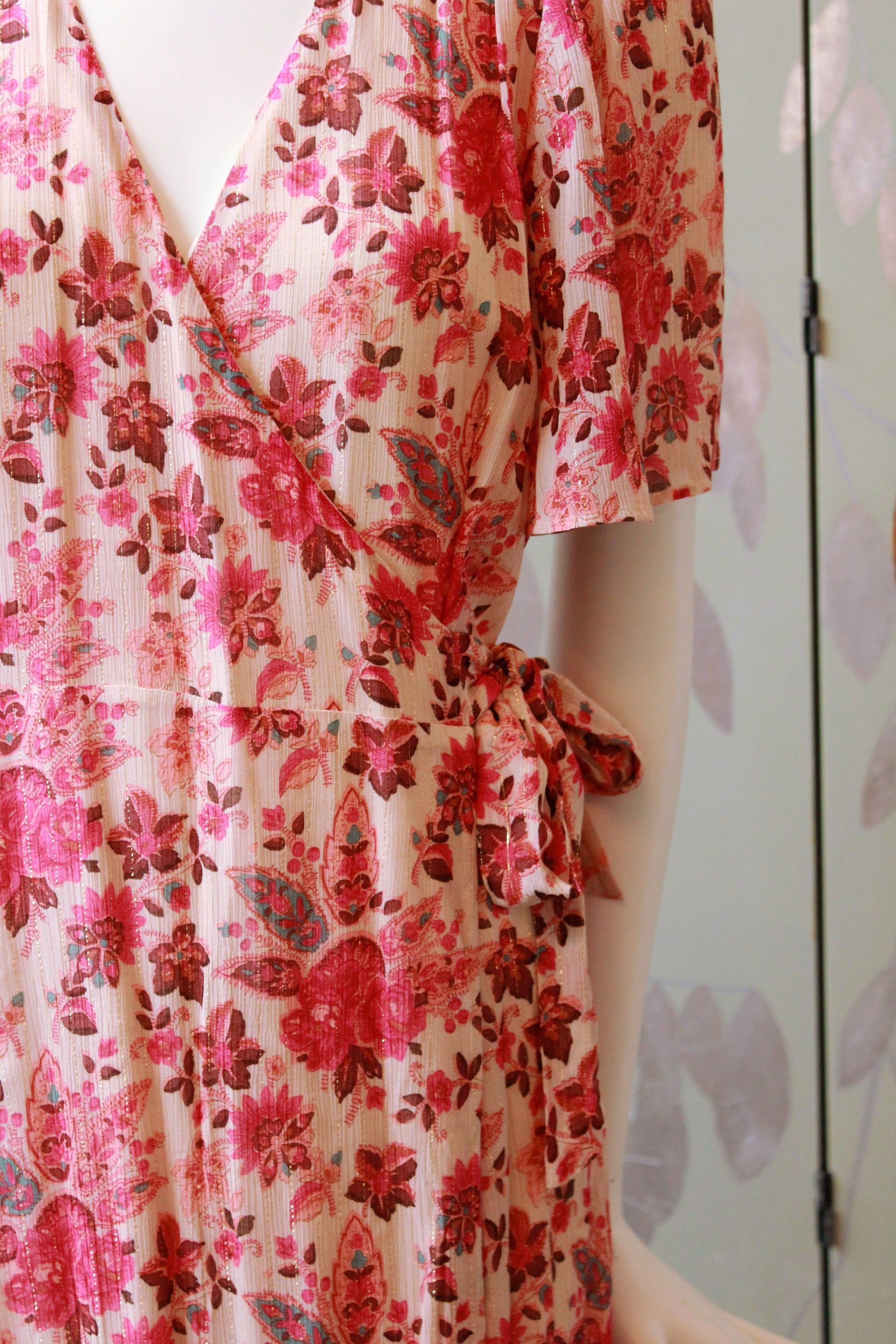 Pink Floral Sézane Wrap Dress With Gold Thread, Unworn, Medium 