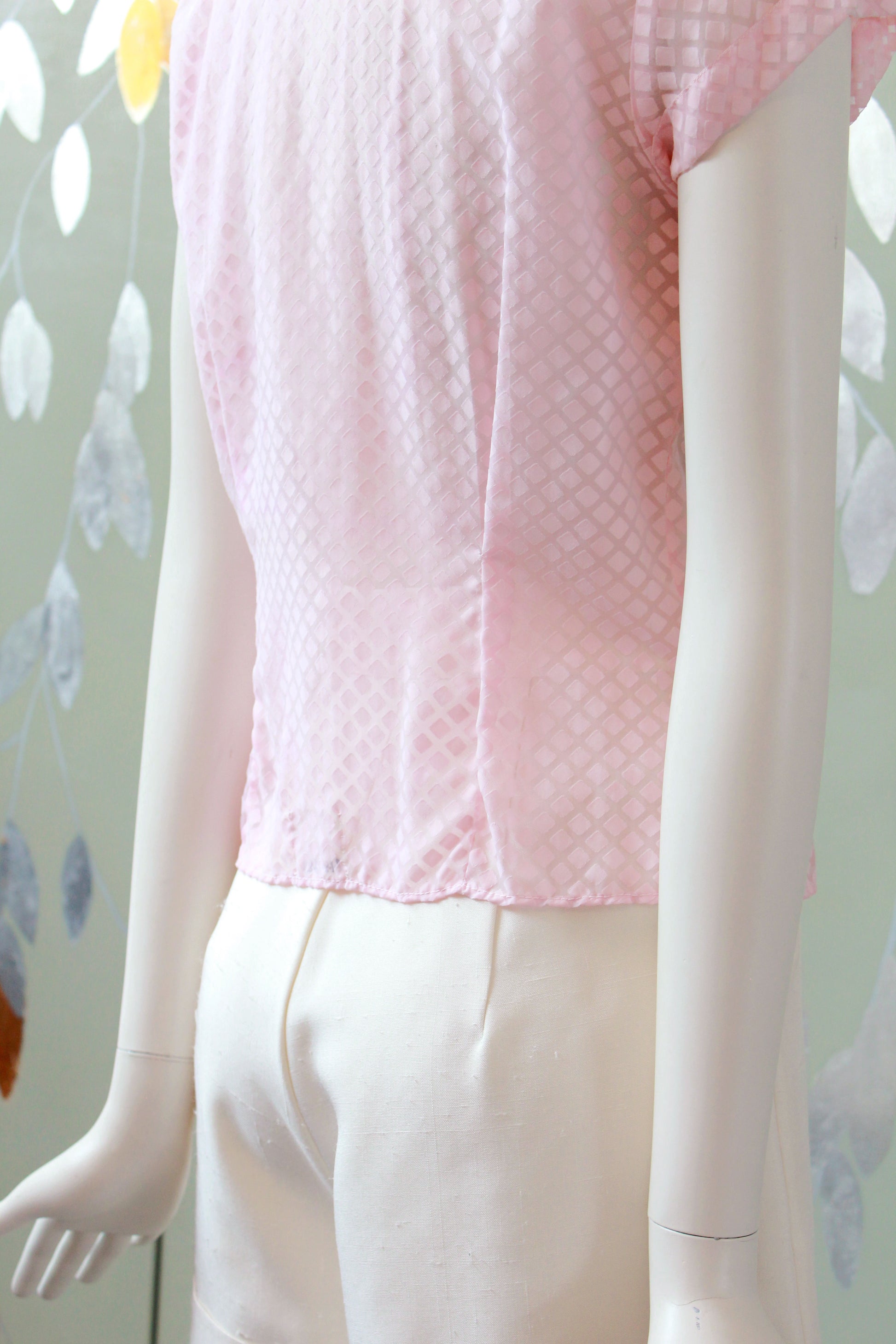 Vintage 1950s Pink Sheer Nylon Button up Short Sleeve Blouse, XS