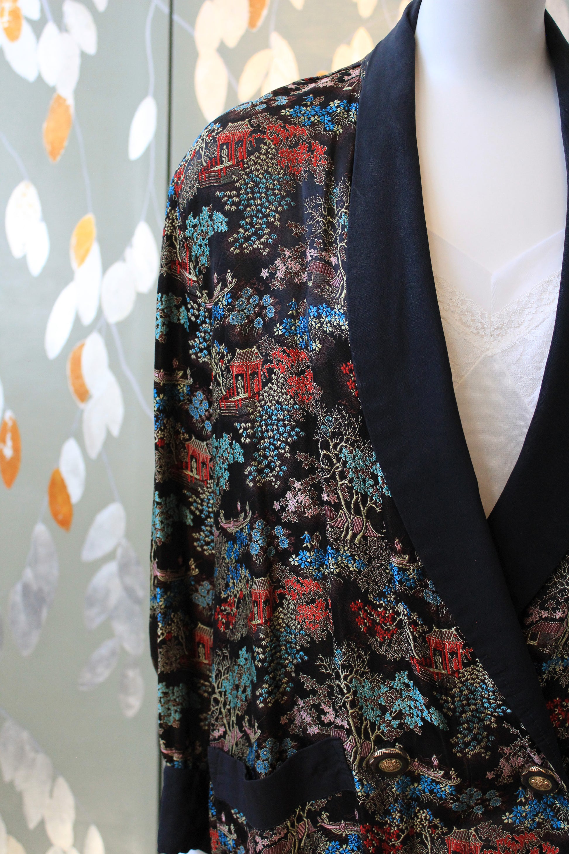 1950s Black Silk Robe With Chinese Flowers Motif, Medium