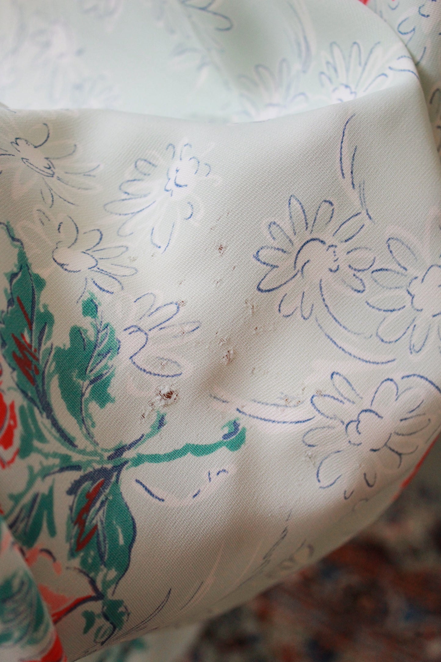 1940s  Pastel Teal Rayon Dress With Coral Flowers, Small/Medium 