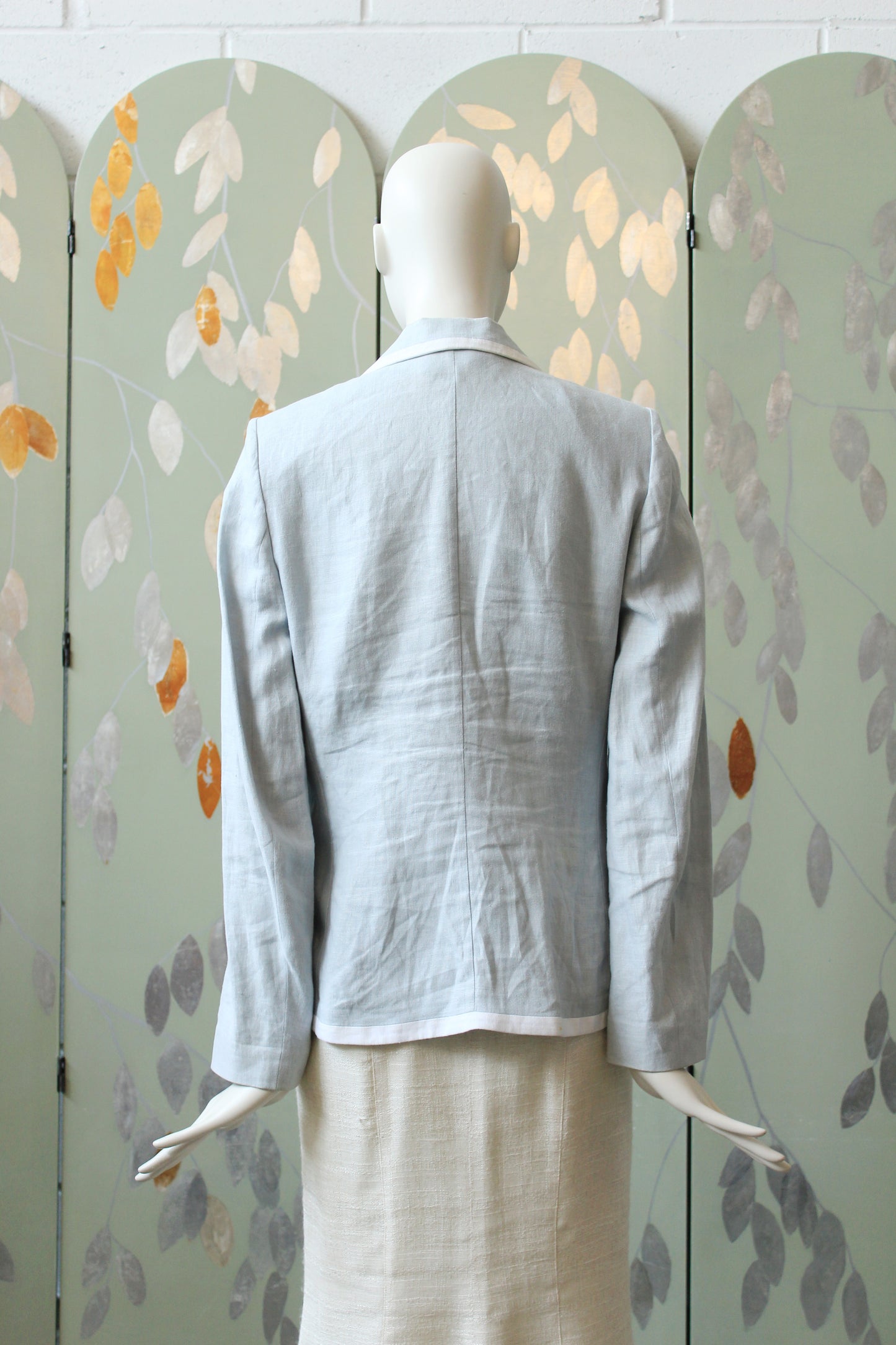 1980s Carven Light Blue With White Trim Linen Designer Blazer, Medium
