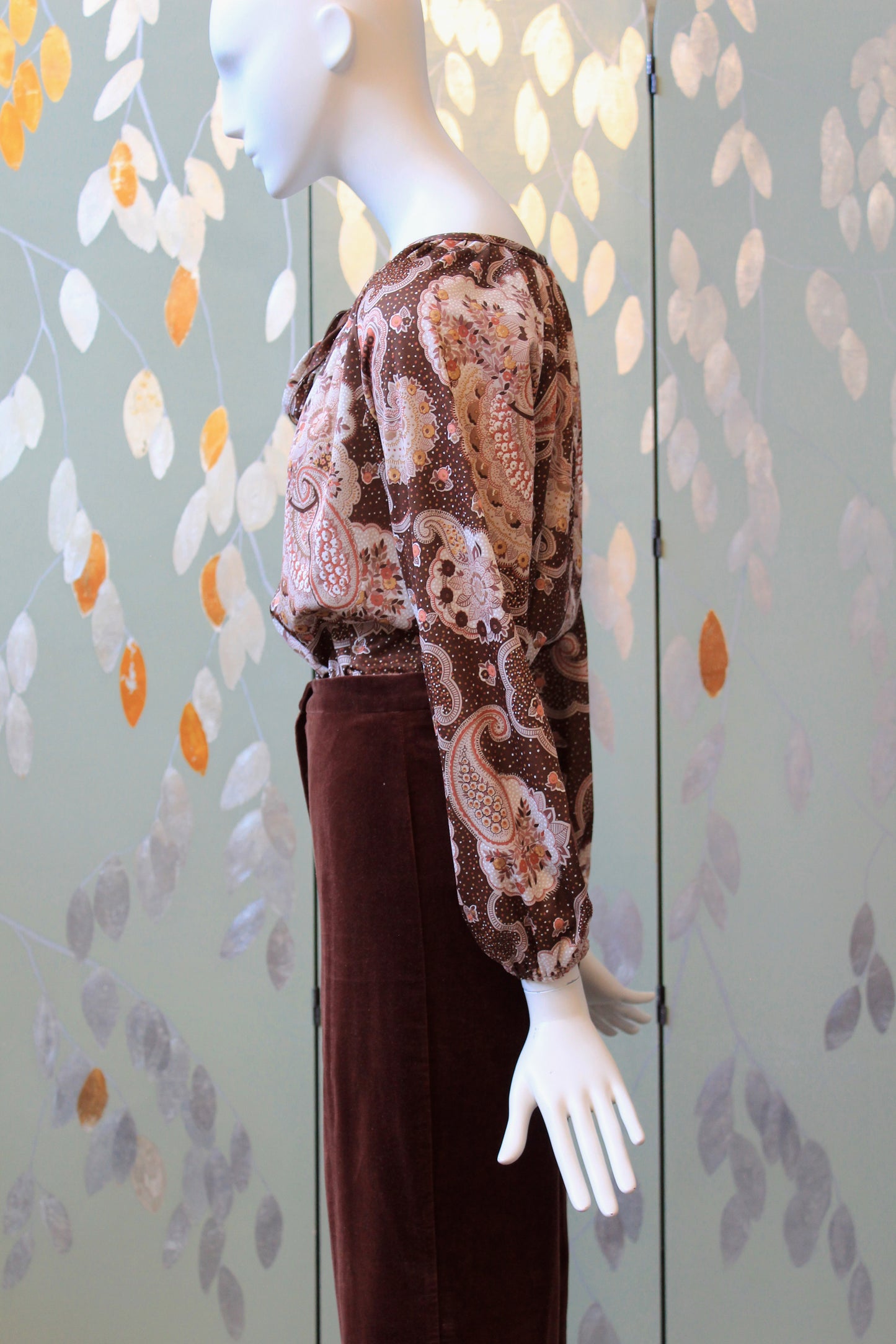 1990s Brown And Blush Paisley Print Long Sleeve Peasant Top, Medium