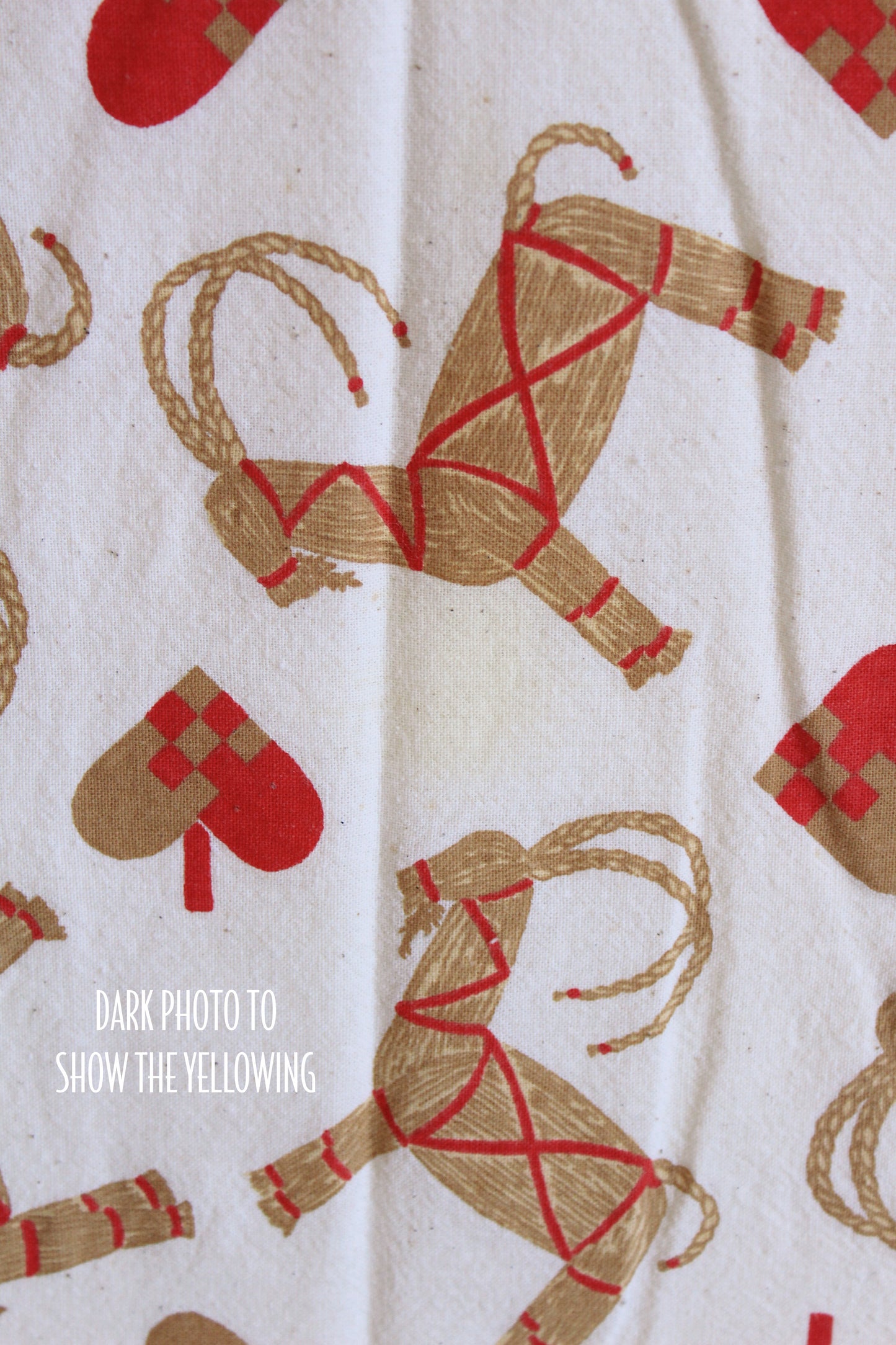 1960s Novelty White Wicker Horse And Hearts, Beige With Red Accents, 2.1 Yards