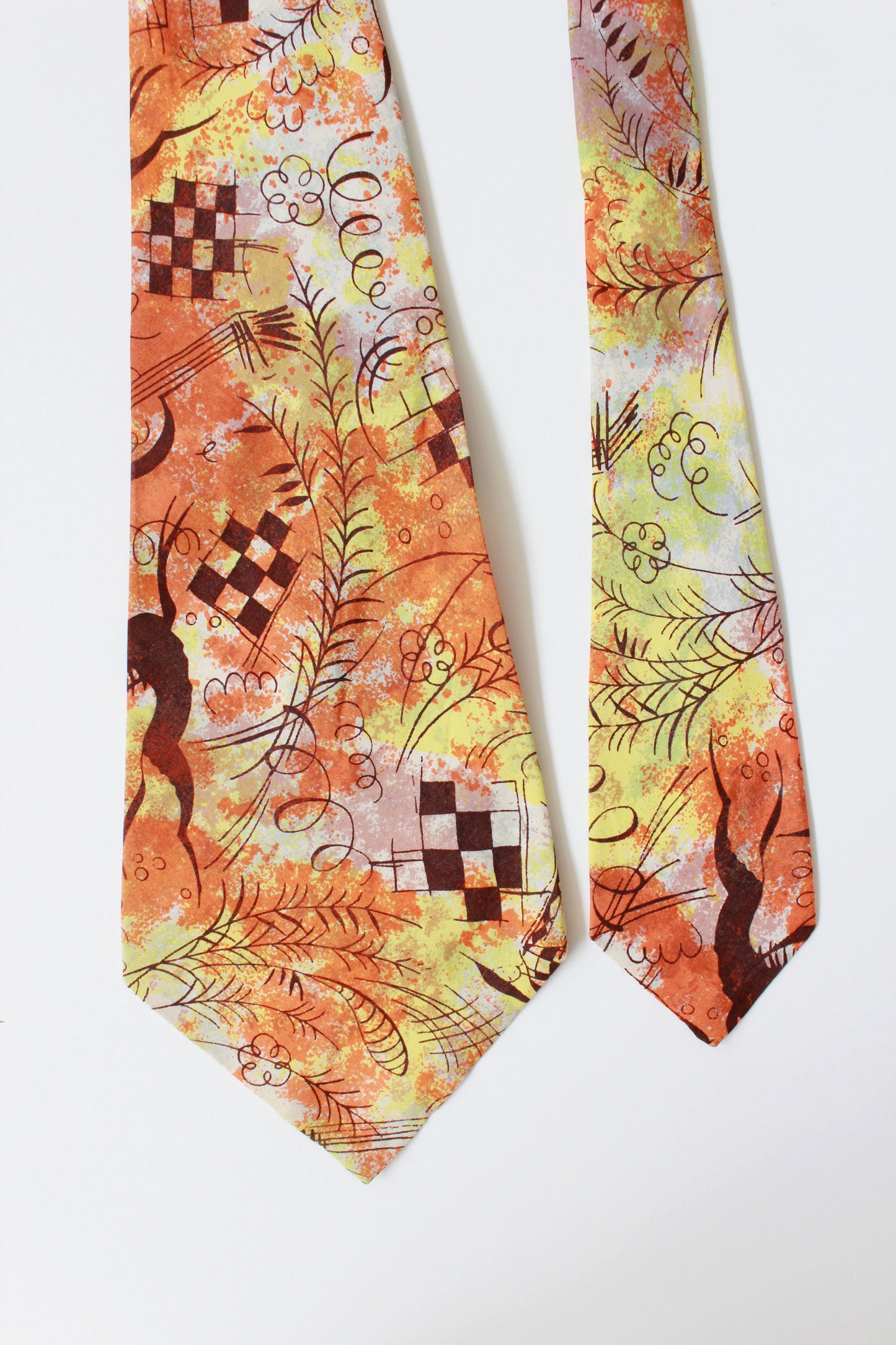 Vintage 1950s Abstract Yellow And Orange Rayon Tie With Vines