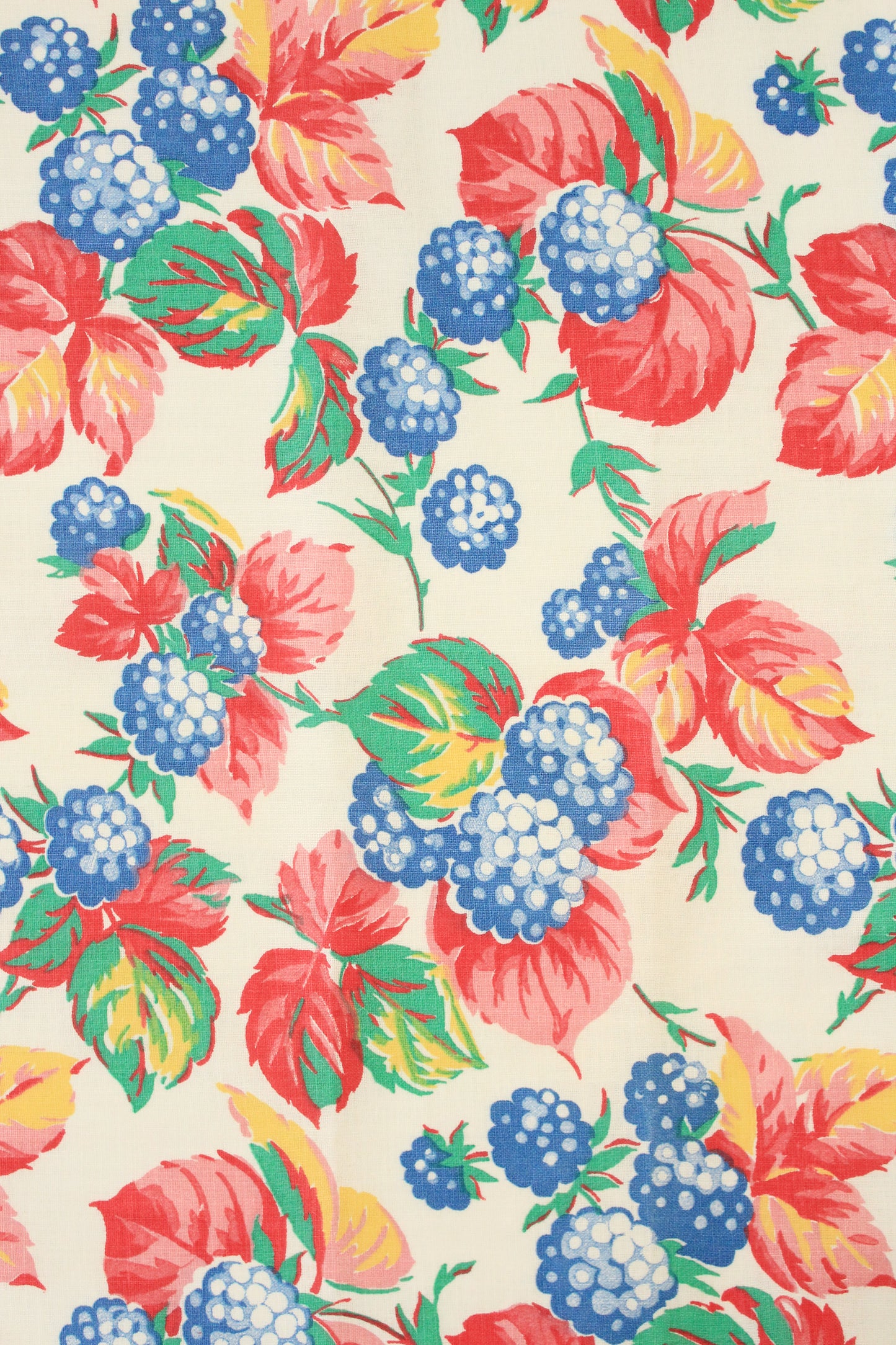 1940s Novelty Fruit Blue Berries On Leaves Cotton Sewing Fabric, 4 Yards