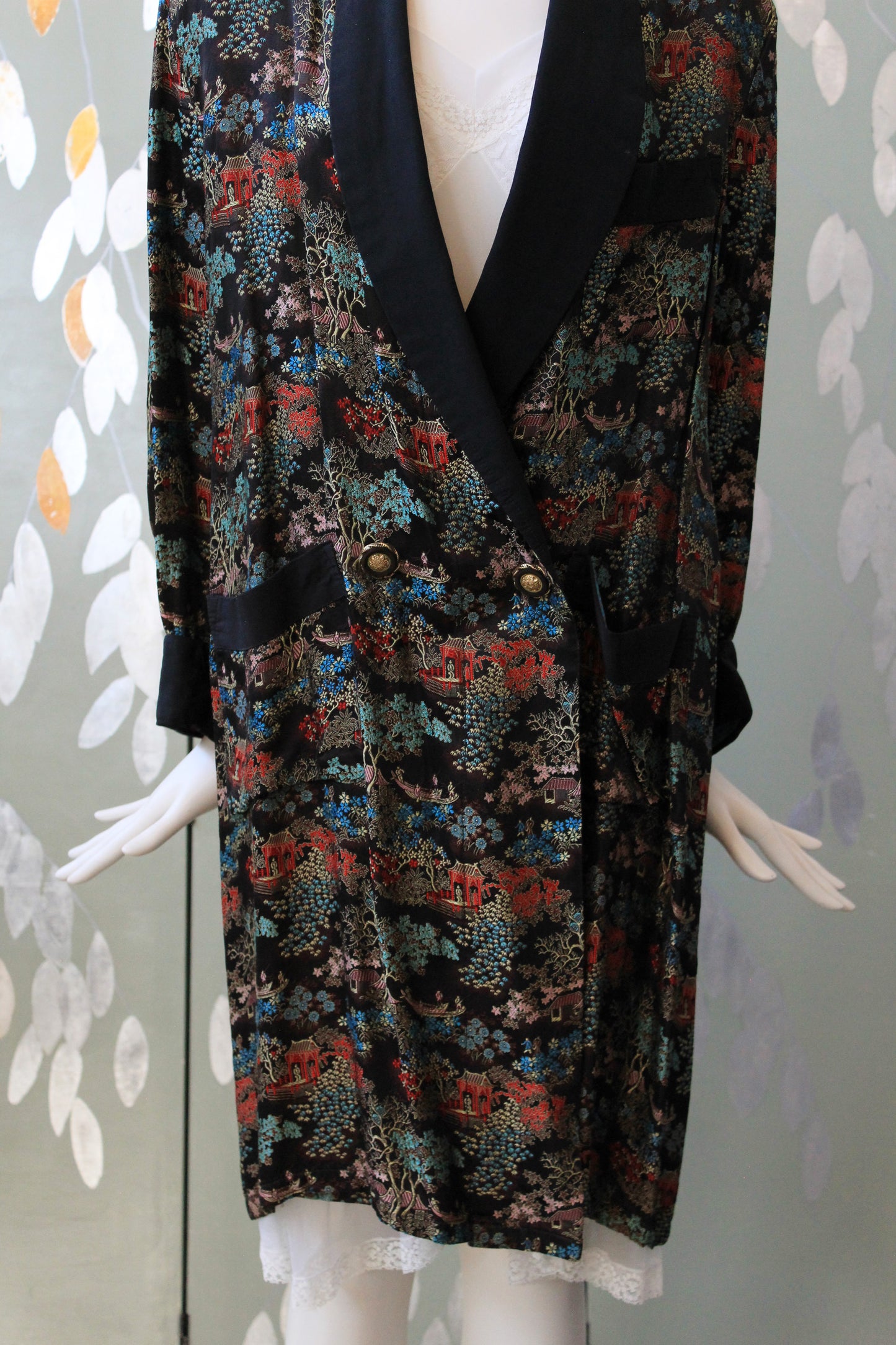 1950s Black Silk Robe With Chinese Flowers Motif, Medium