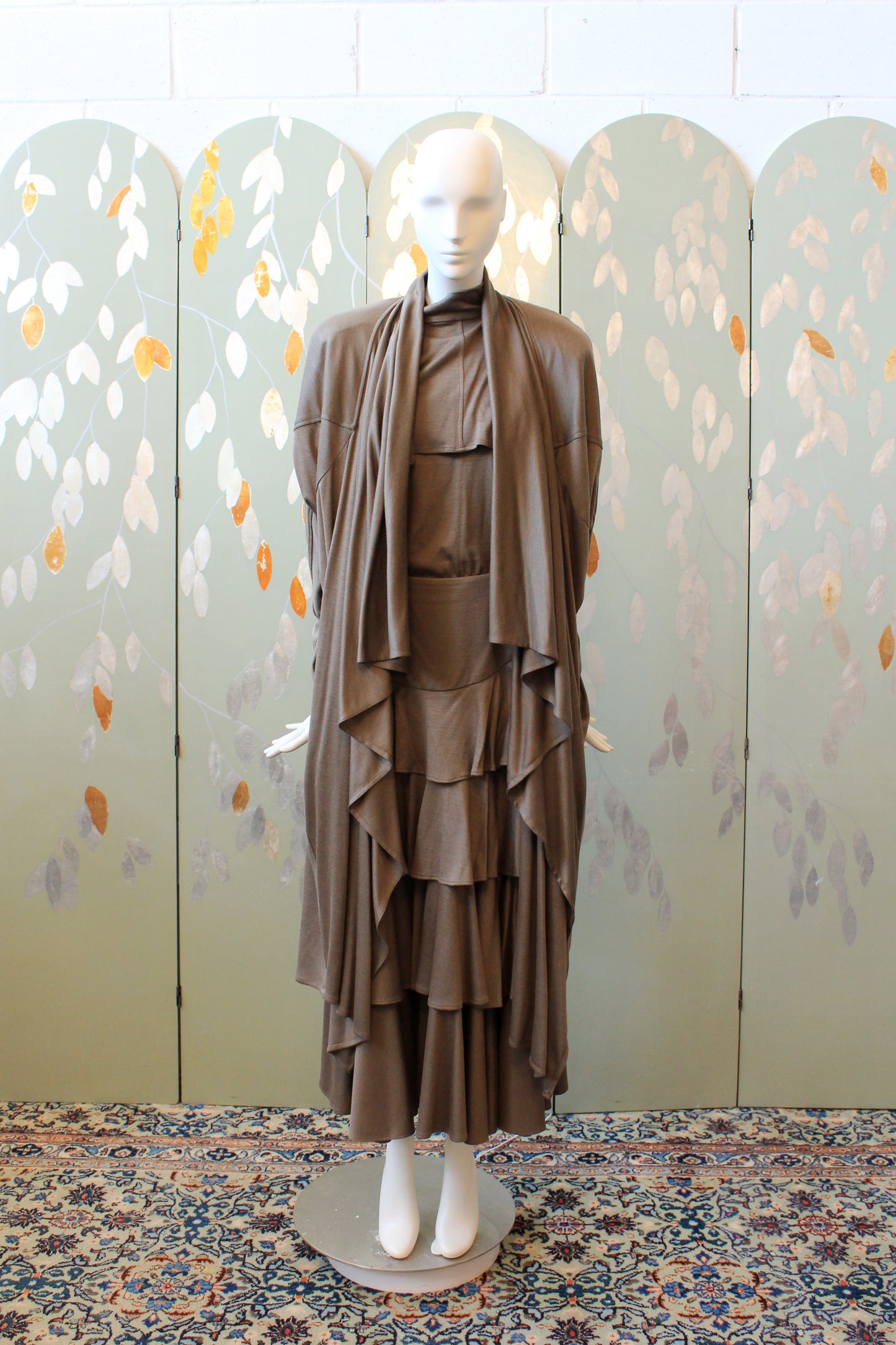 1980s Mariola Mayer Dark Taupe 3PC, Ruffle Skirt/Top/Jacket Matching Set, Small/Medium