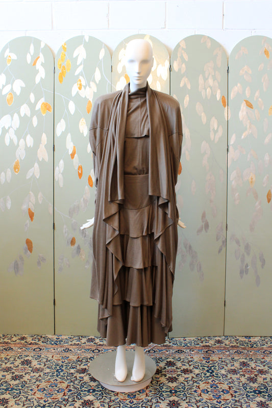 1980s Mariola Mayer Dark Taupe 3PC, Ruffle Skirt/Top/Jacket Matching Set, Small/Medium