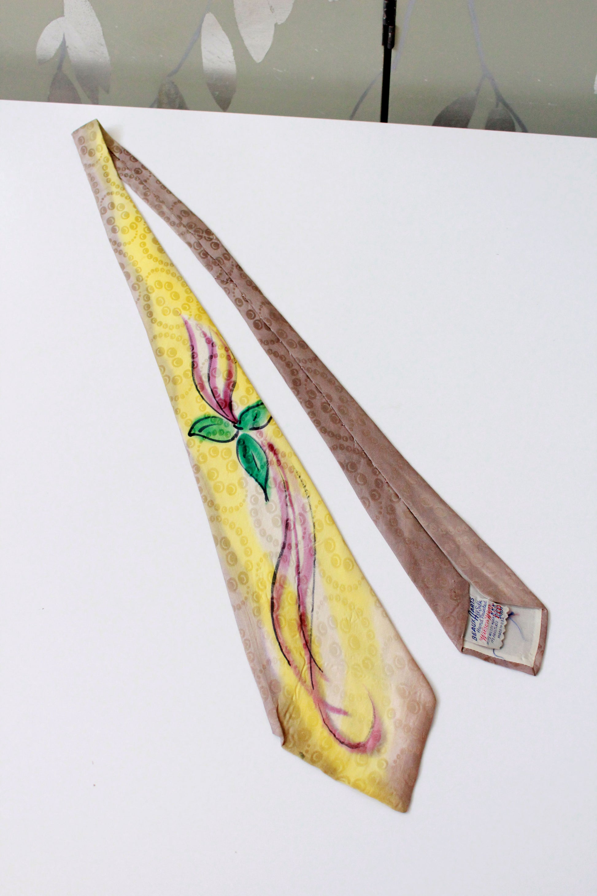 Vintage 1950s Silk Hand Painted Yellow And Taupe Tie