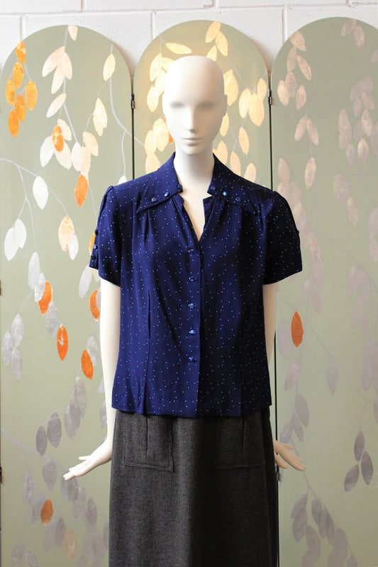 Vintage Late 1940s Blue Polka Dot Blouse With Oversized Collar, Medium