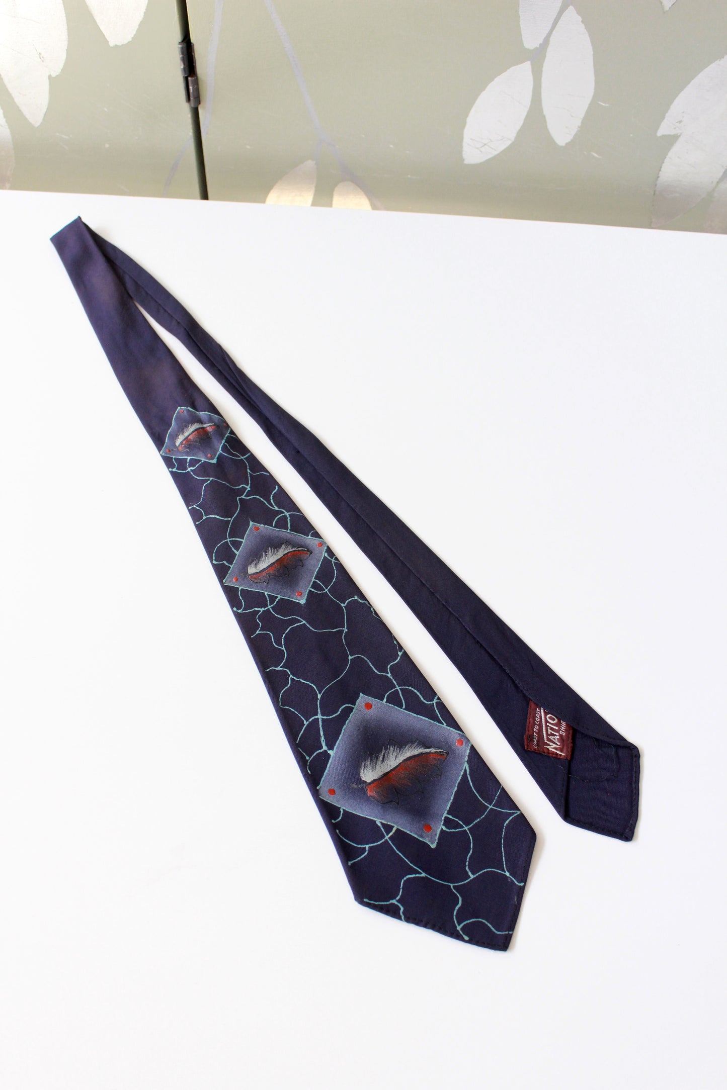 Vintage Late 1940s Hand Painted Rayon Blue Leaf Tie