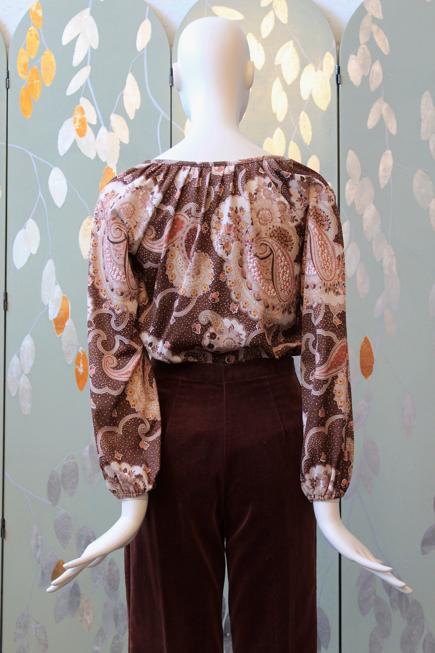 1990s Brown And Blush Paisley Print Long Sleeve Peasant Top, Medium