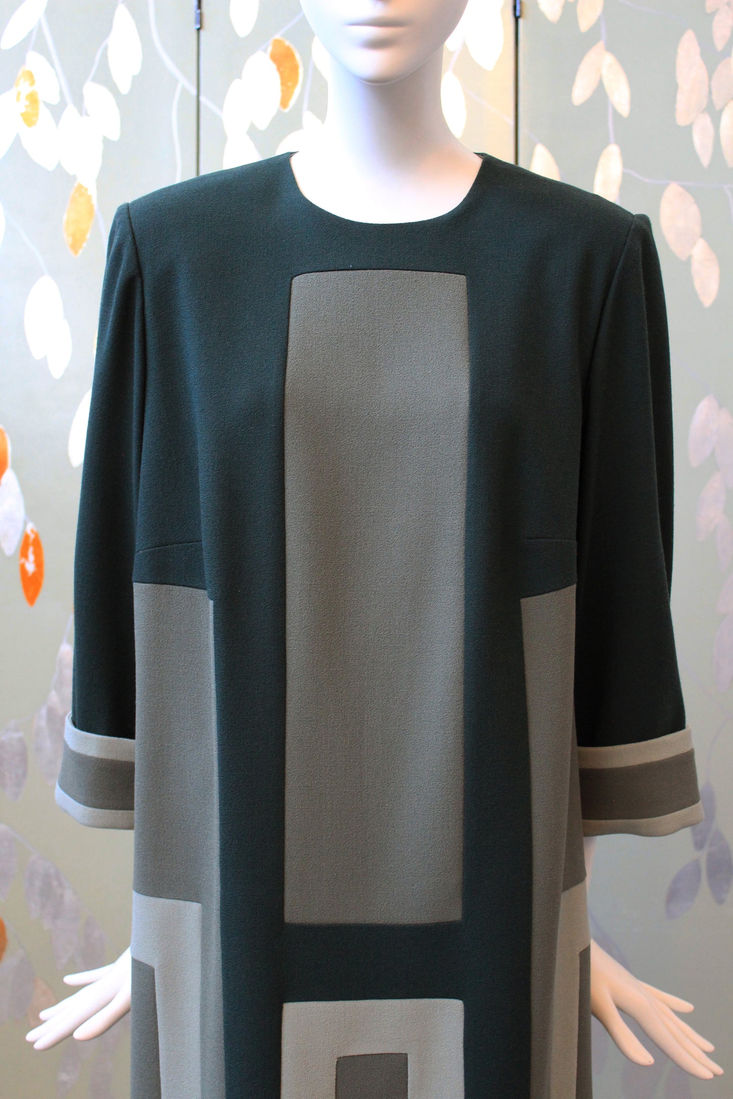 1980s Olive Green And Black Geometric Shift Dress, Medium