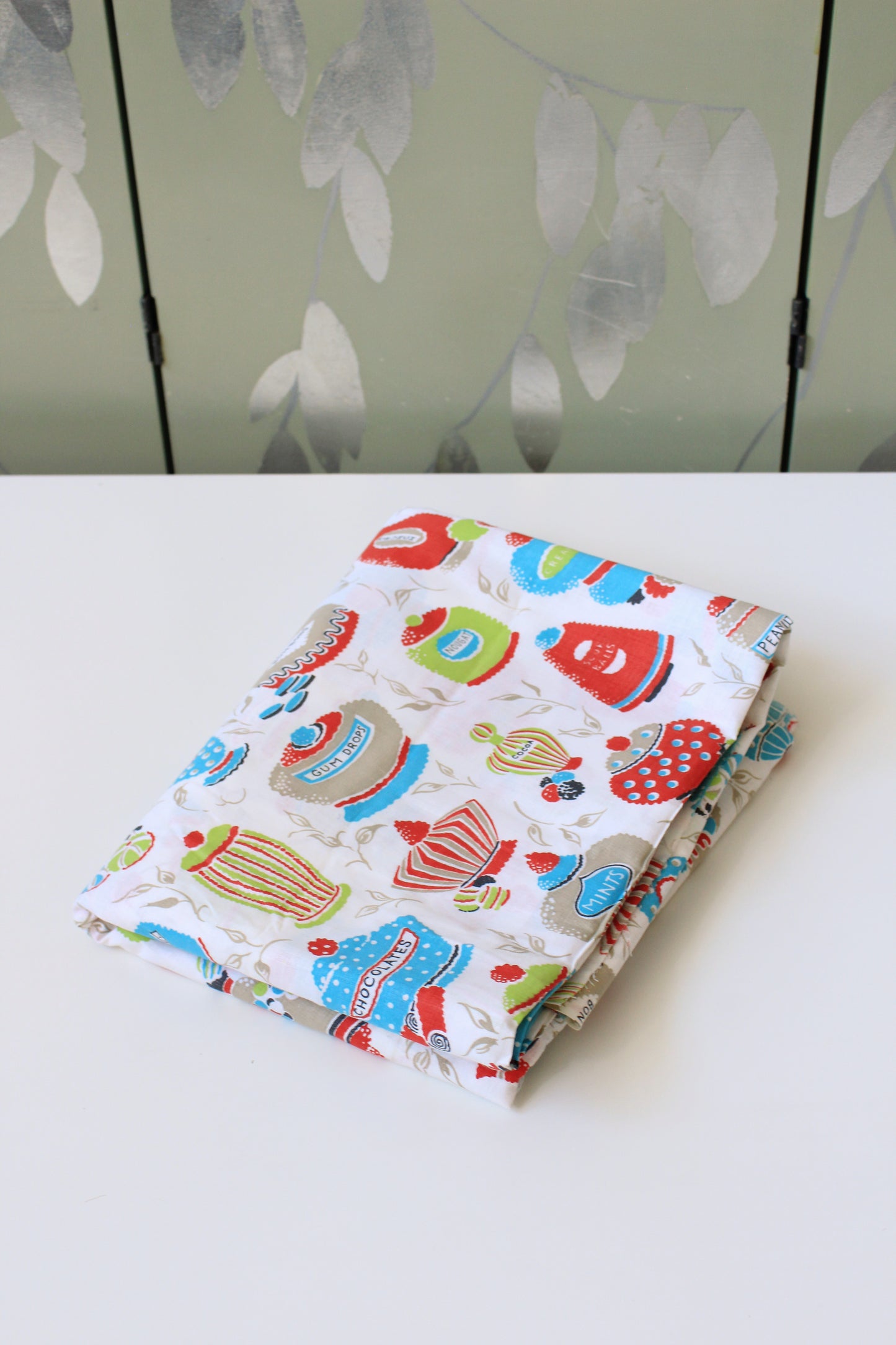 1960s Novelty Print Candy Store Jars In Red/Green/Teal Cotton Sewing Fabric, 7.9 Yards