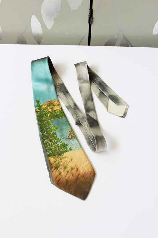 Vintage 1950s Water Fishing Photo Print Rayon Tie, Mid Century 