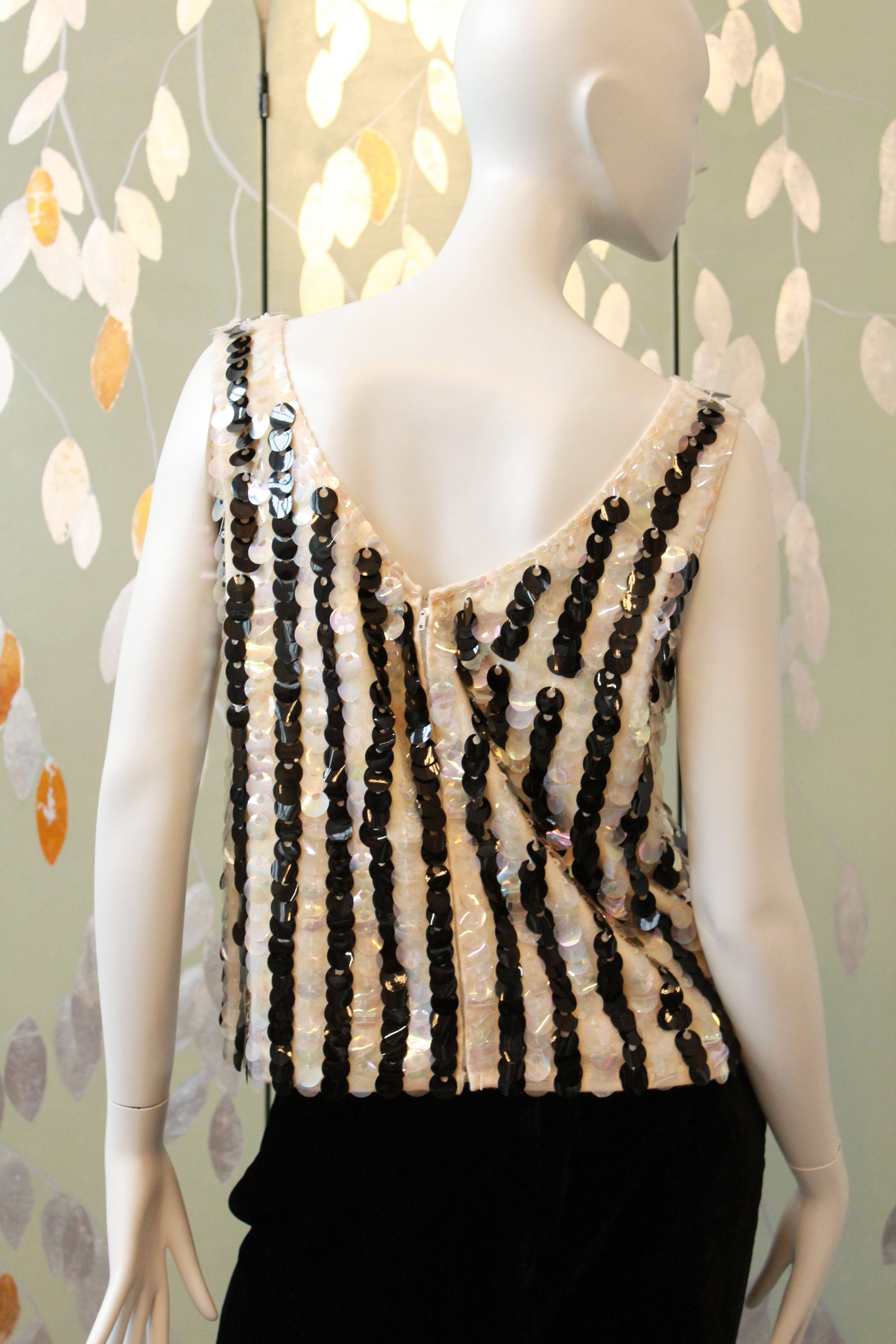 Vintage 1960s Black And White Large Sequin Striped Shimmy Top, Large